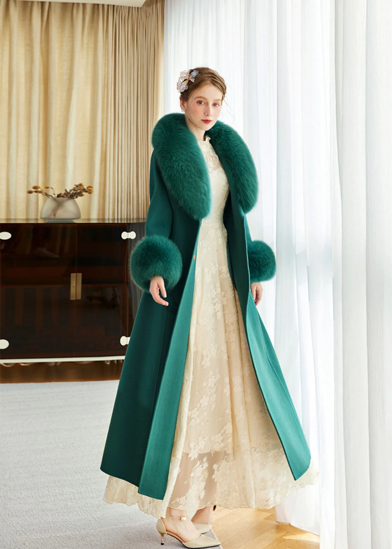 Green Fox Fur Collar Wool Cashmere Belted Long Coat