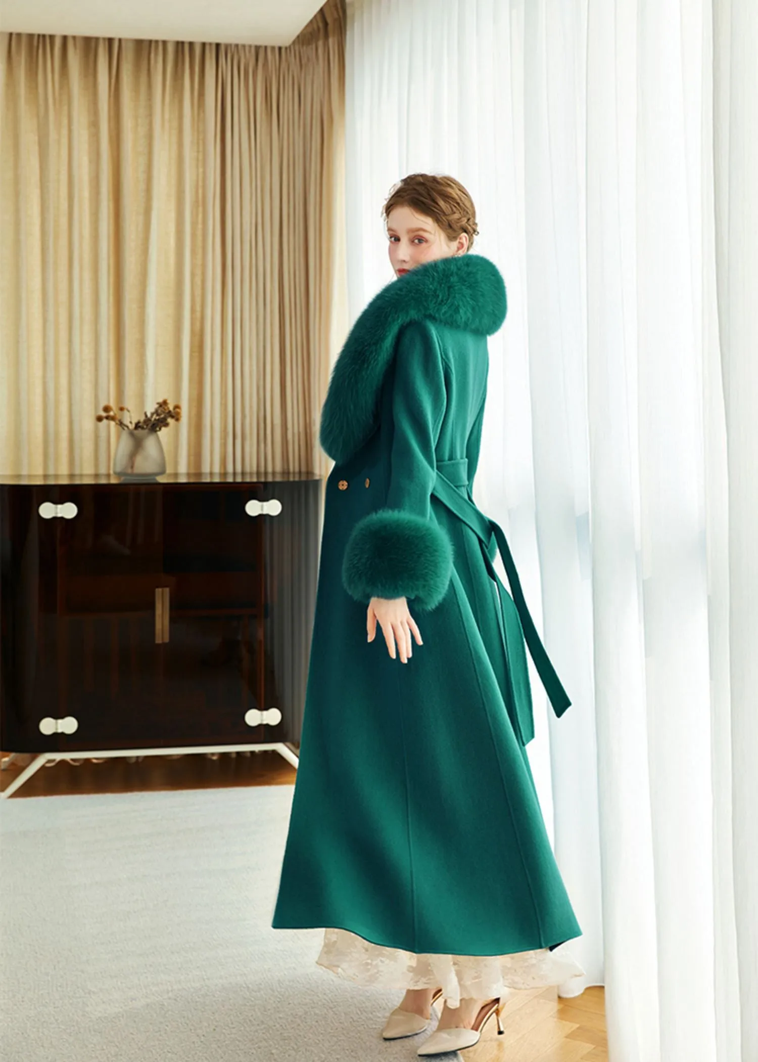 Green Fox Fur Collar Wool Cashmere Belted Long Coat