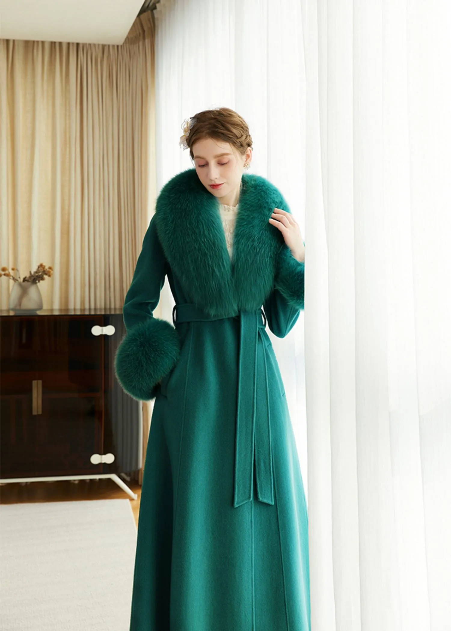 Green Fox Fur Collar Wool Cashmere Belted Long Coat