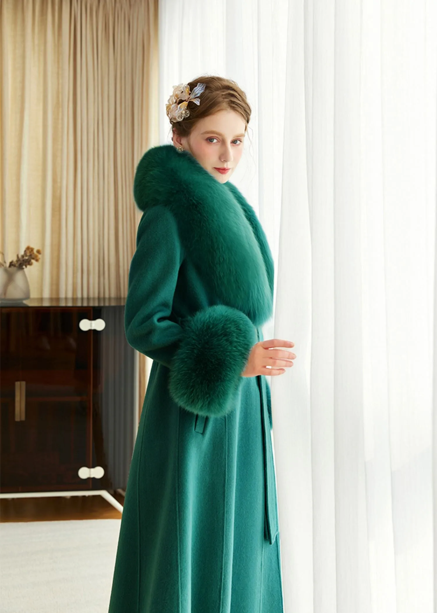 Green Fox Fur Collar Wool Cashmere Belted Long Coat