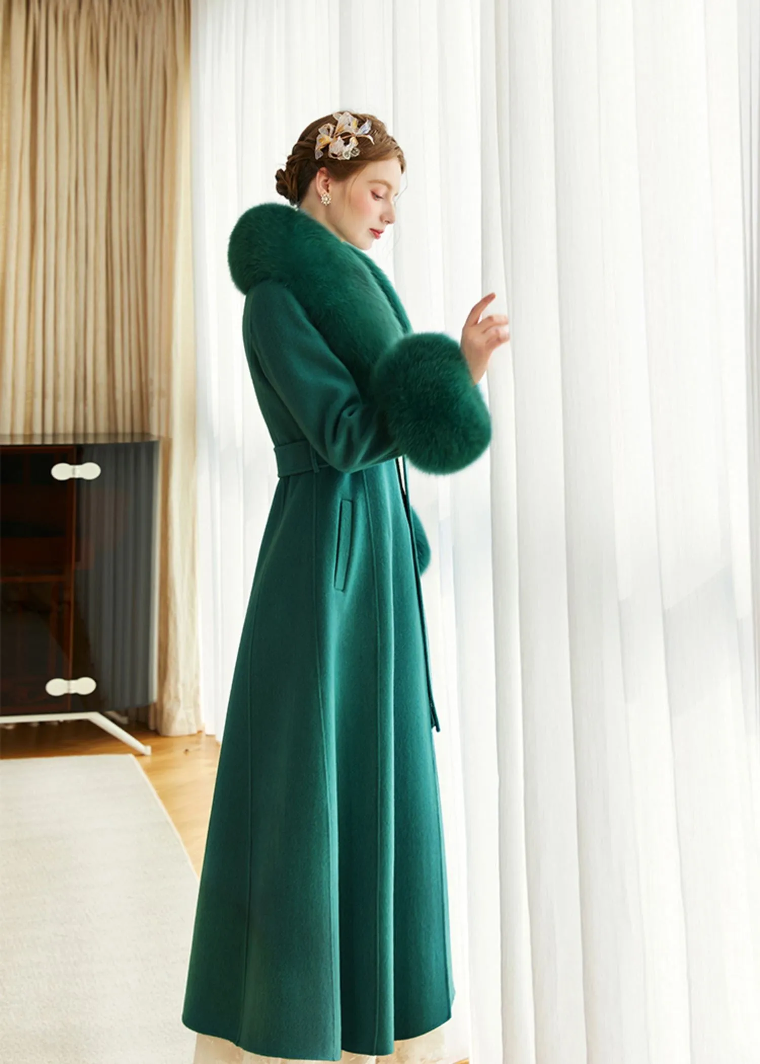 Green Fox Fur Collar Wool Cashmere Belted Long Coat