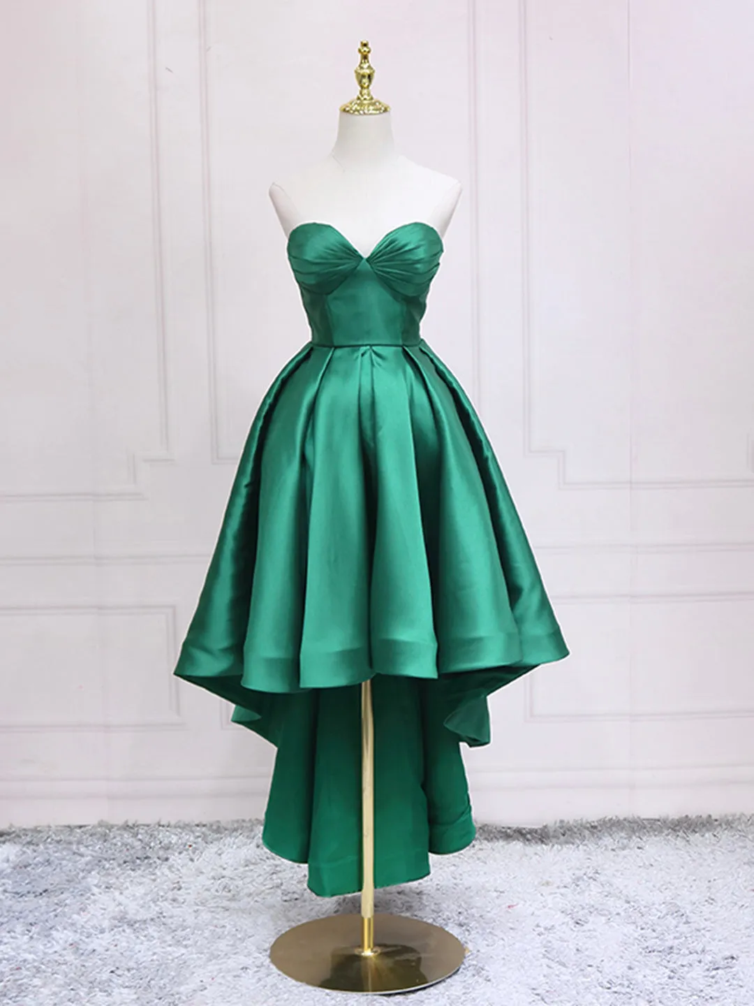 Green Satin High Low Party Dresses, Strapless Green Homecoming Dresses