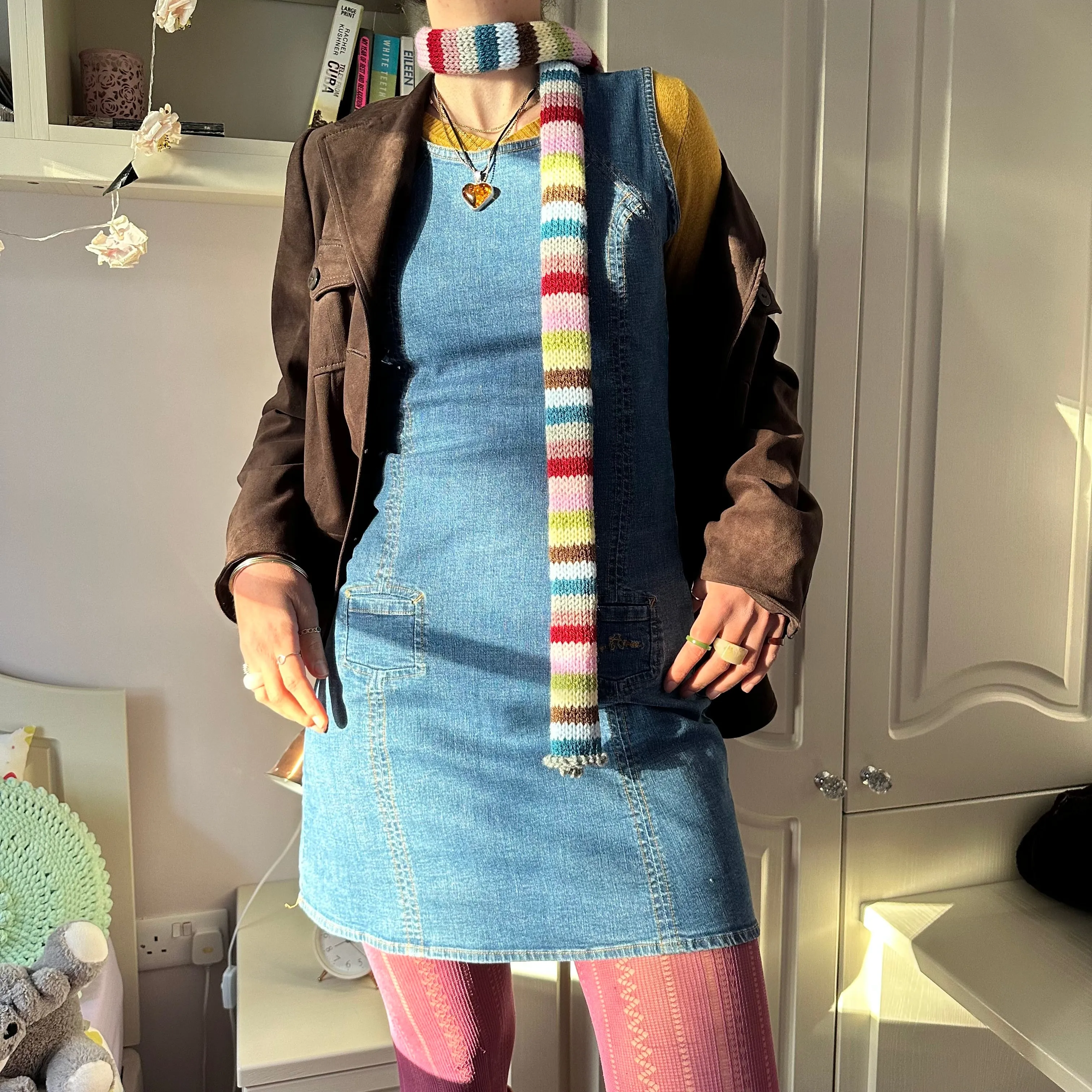 Handmade knitted multicoloured striped skinny scarf