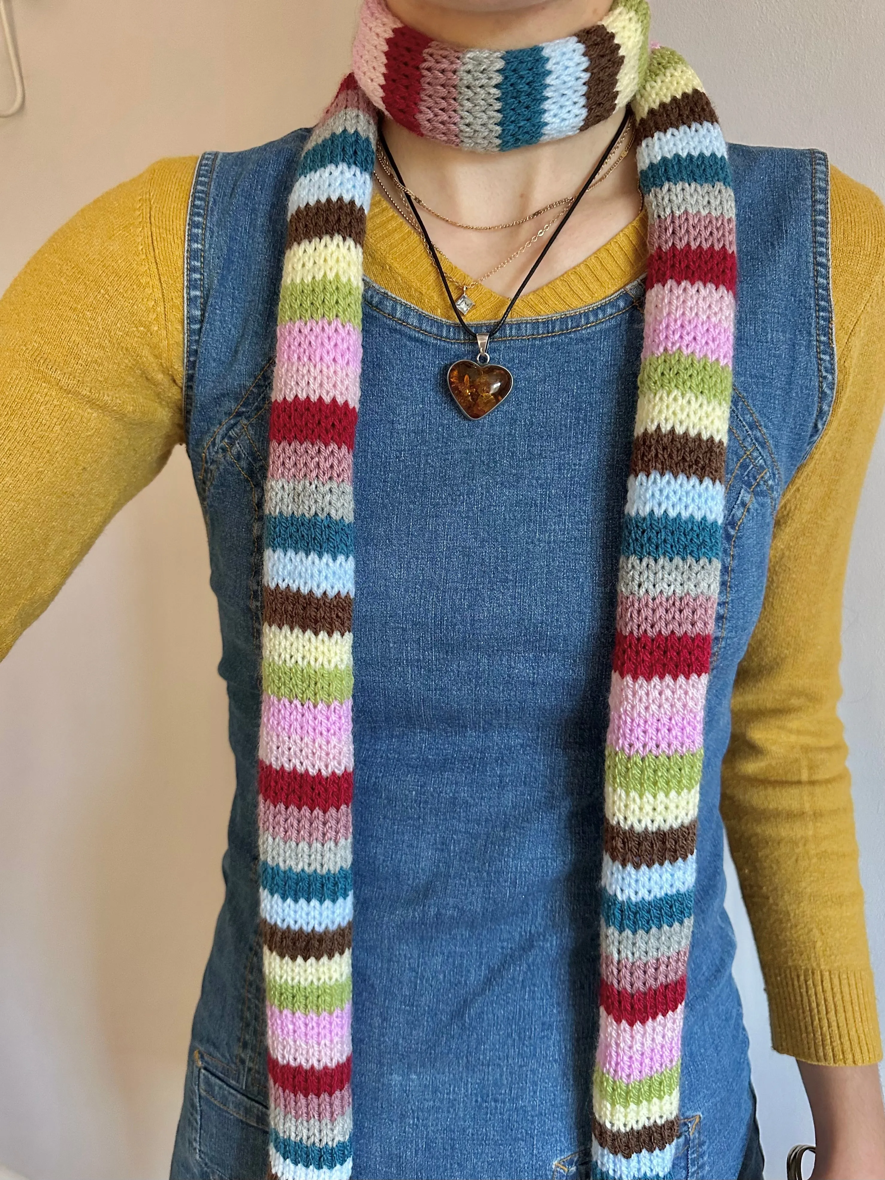 Handmade knitted multicoloured striped skinny scarf