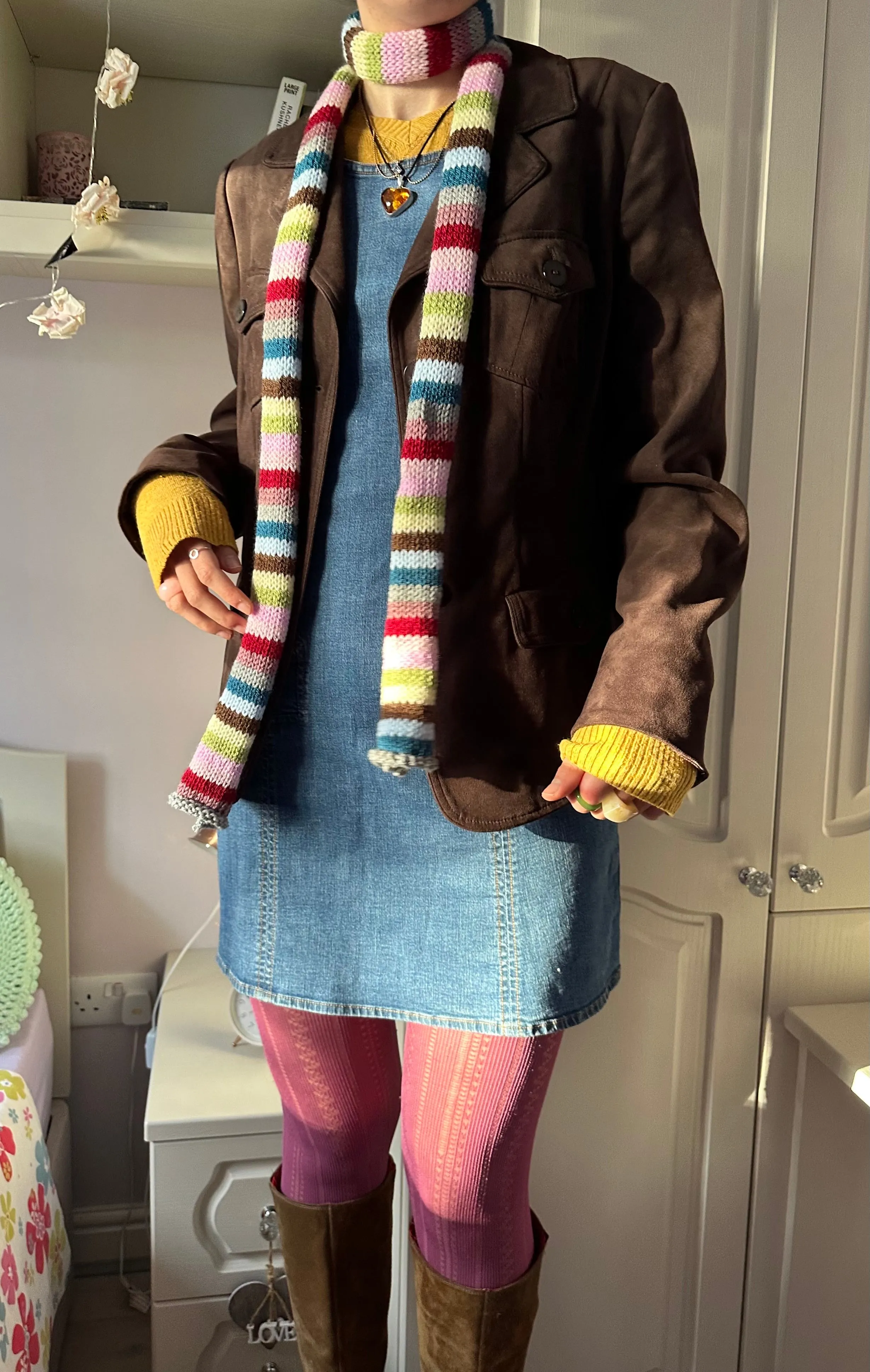 Handmade knitted multicoloured striped skinny scarf