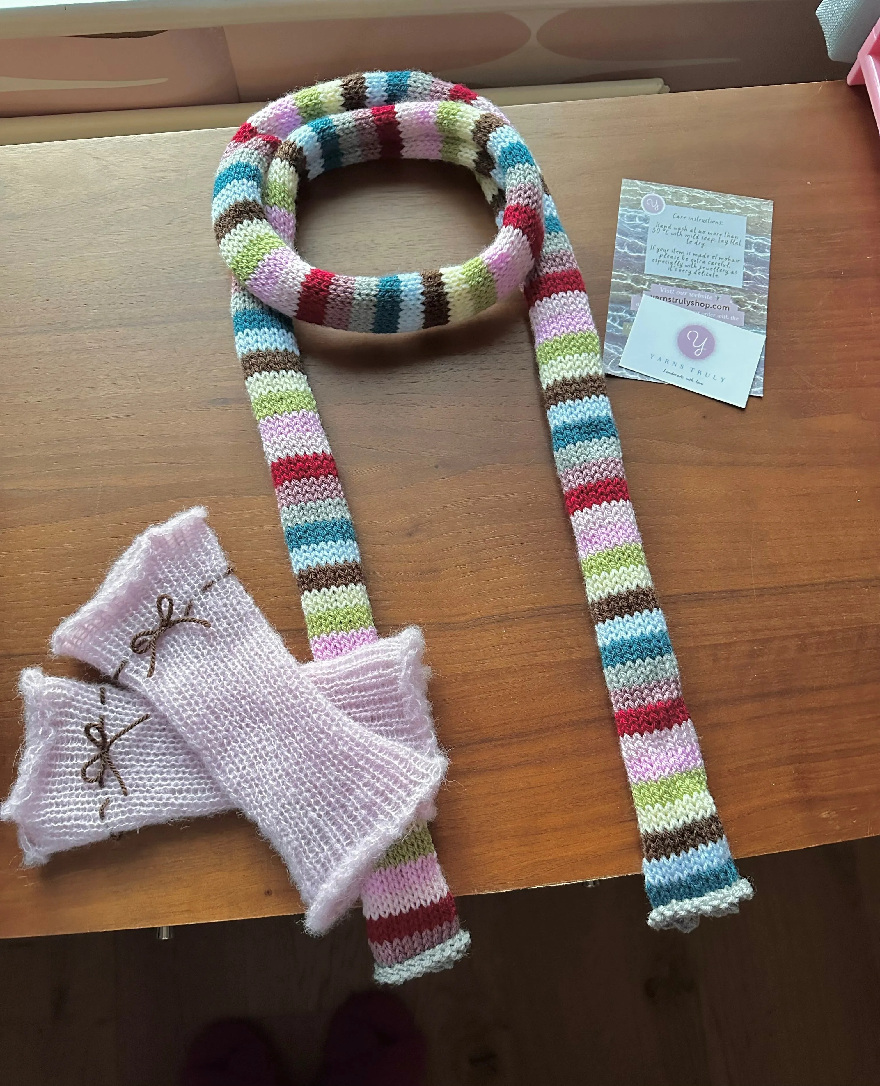 Handmade knitted multicoloured striped skinny scarf