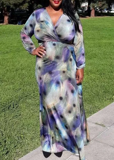 Hi Curvy Plus Size Women Unique Print Overlap Wrap Maxi Dress