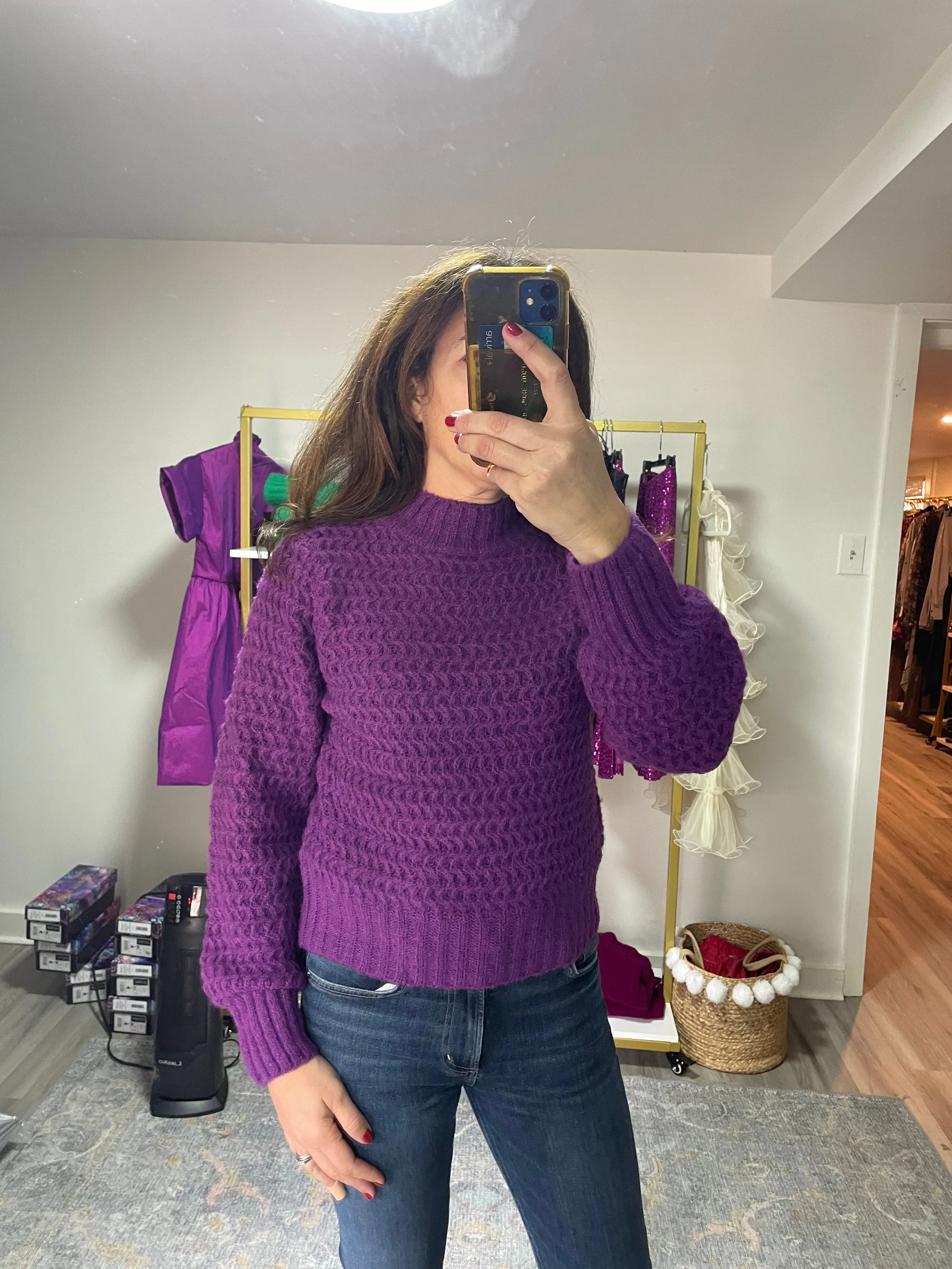 High Round Neck Waffle Weave Sweater