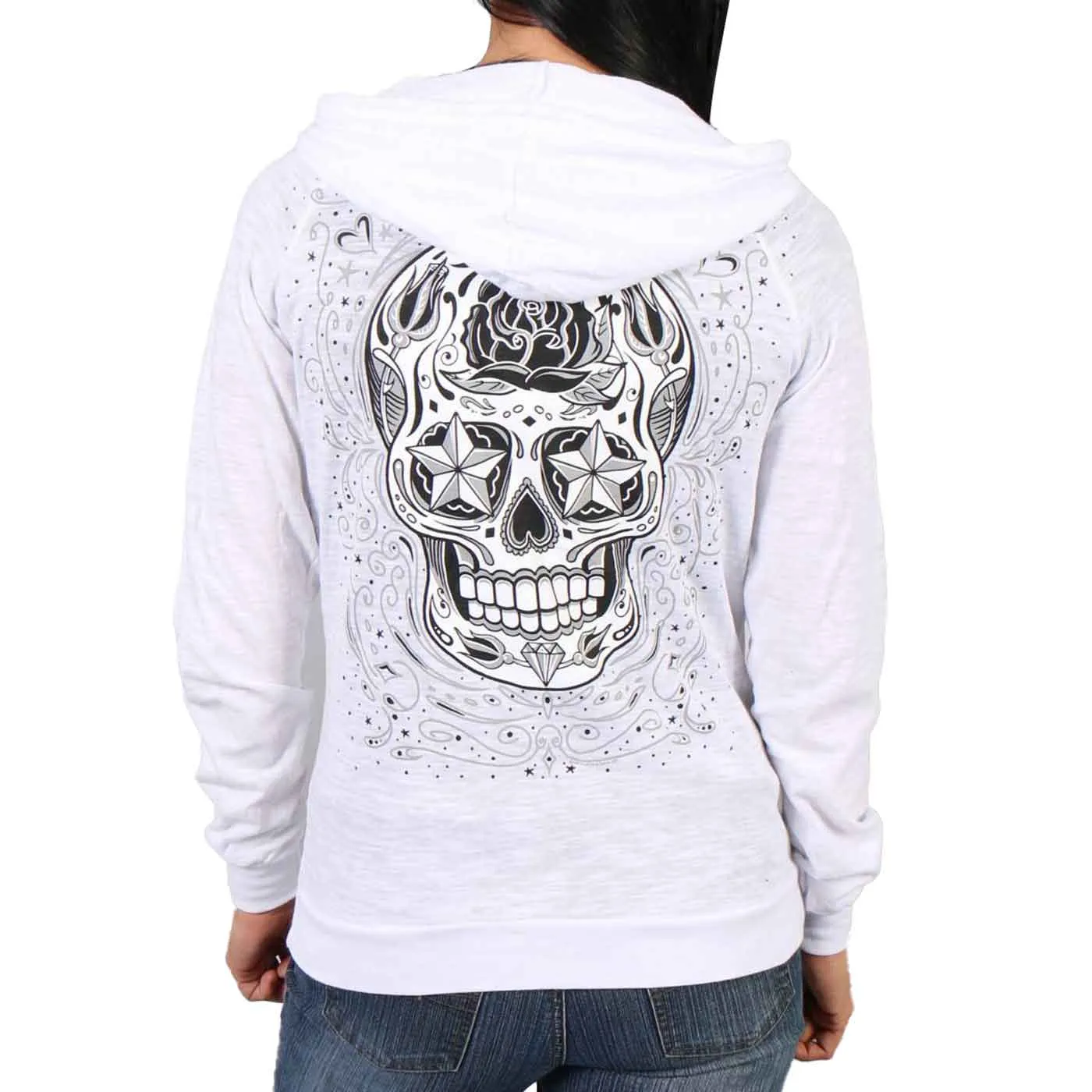 Hot Leathers GLZ4237 Ladies 'Sugar Skull' Lightweight Slubby Hooded White Hoodie