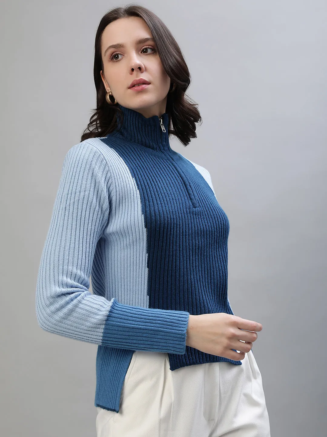 Iconic Women Blue Colorblocked High Neck Full Sleeves Sweater