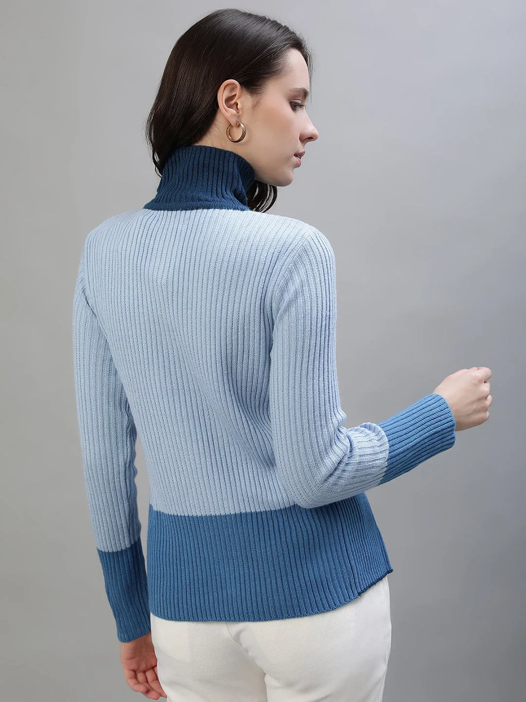 Iconic Women Blue Colorblocked High Neck Full Sleeves Sweater