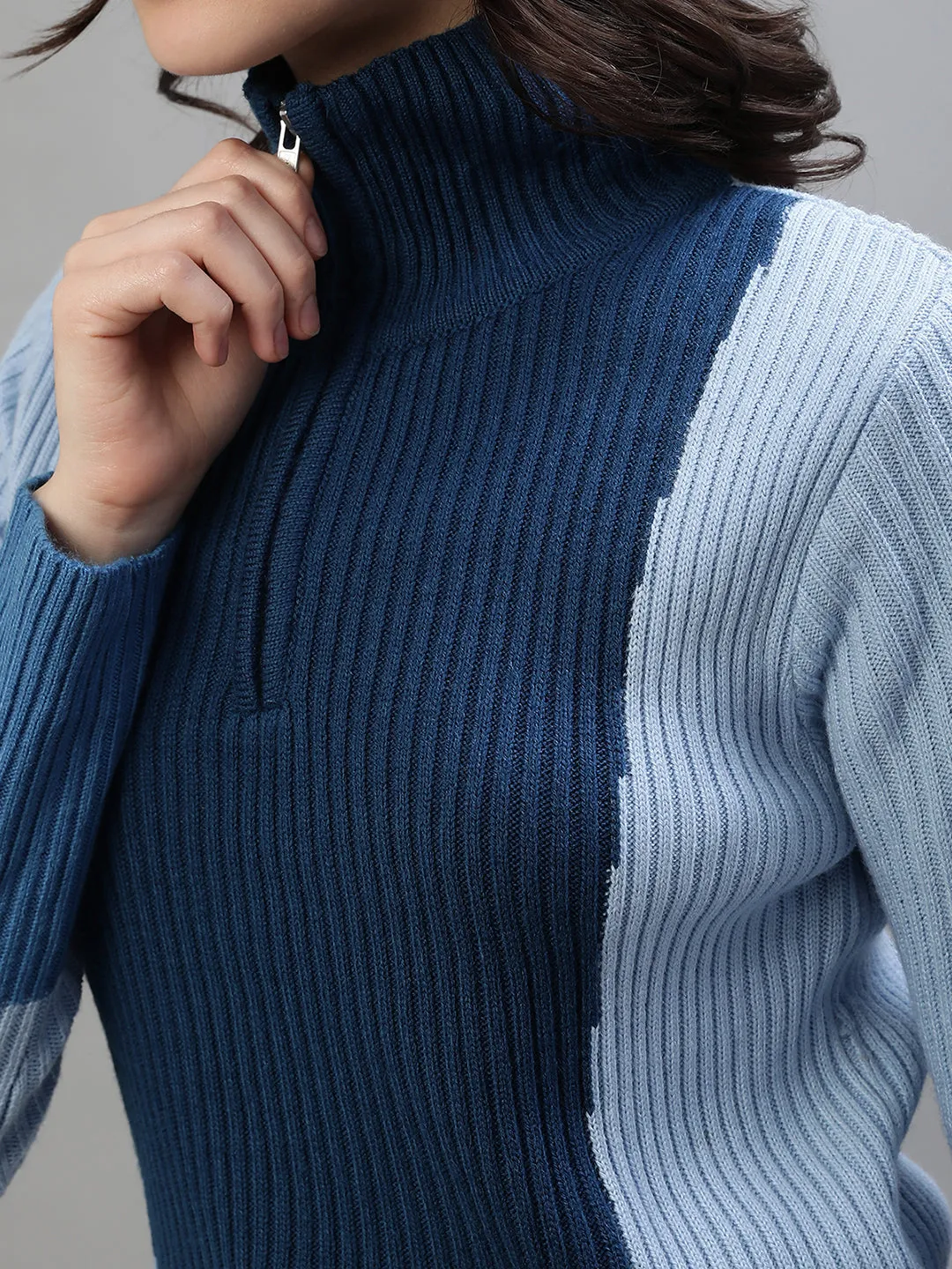 Iconic Women Blue Colorblocked High Neck Full Sleeves Sweater