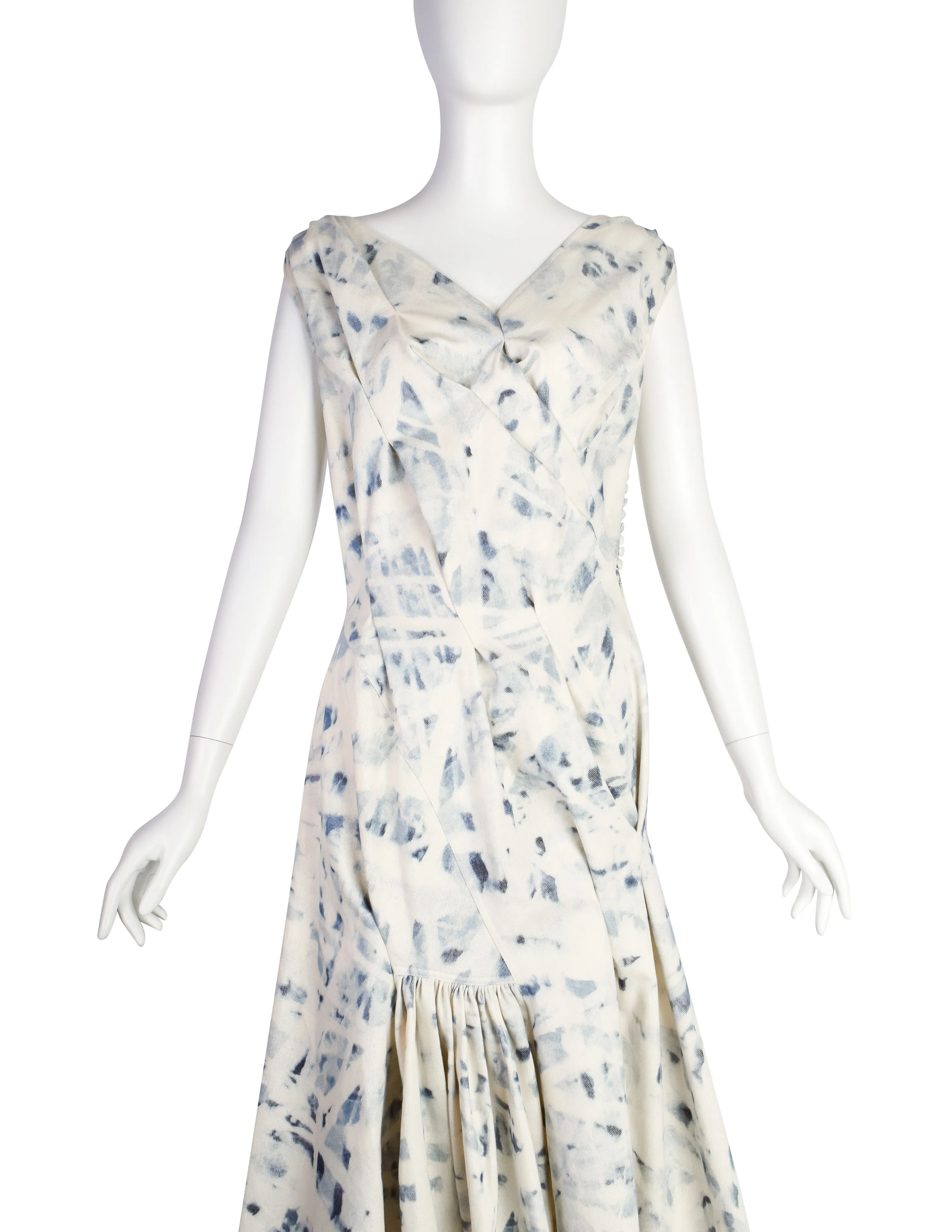 John Galliano Vintage AW 2002 Blue Ivory Acid Wash Draped Denim Dress