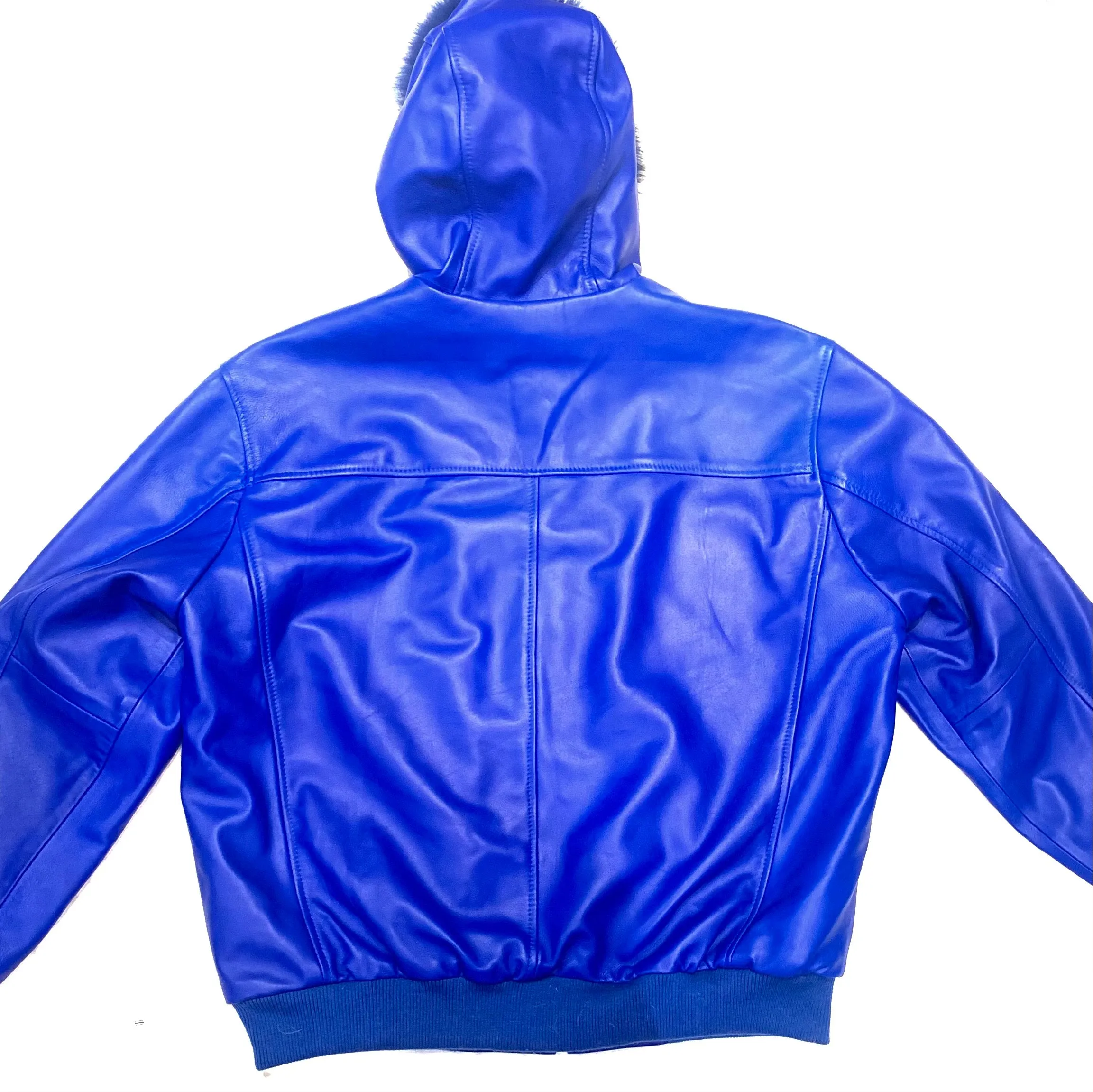 Kashani Royal Blue Lambskin Fox Hooded Bomber Jacket