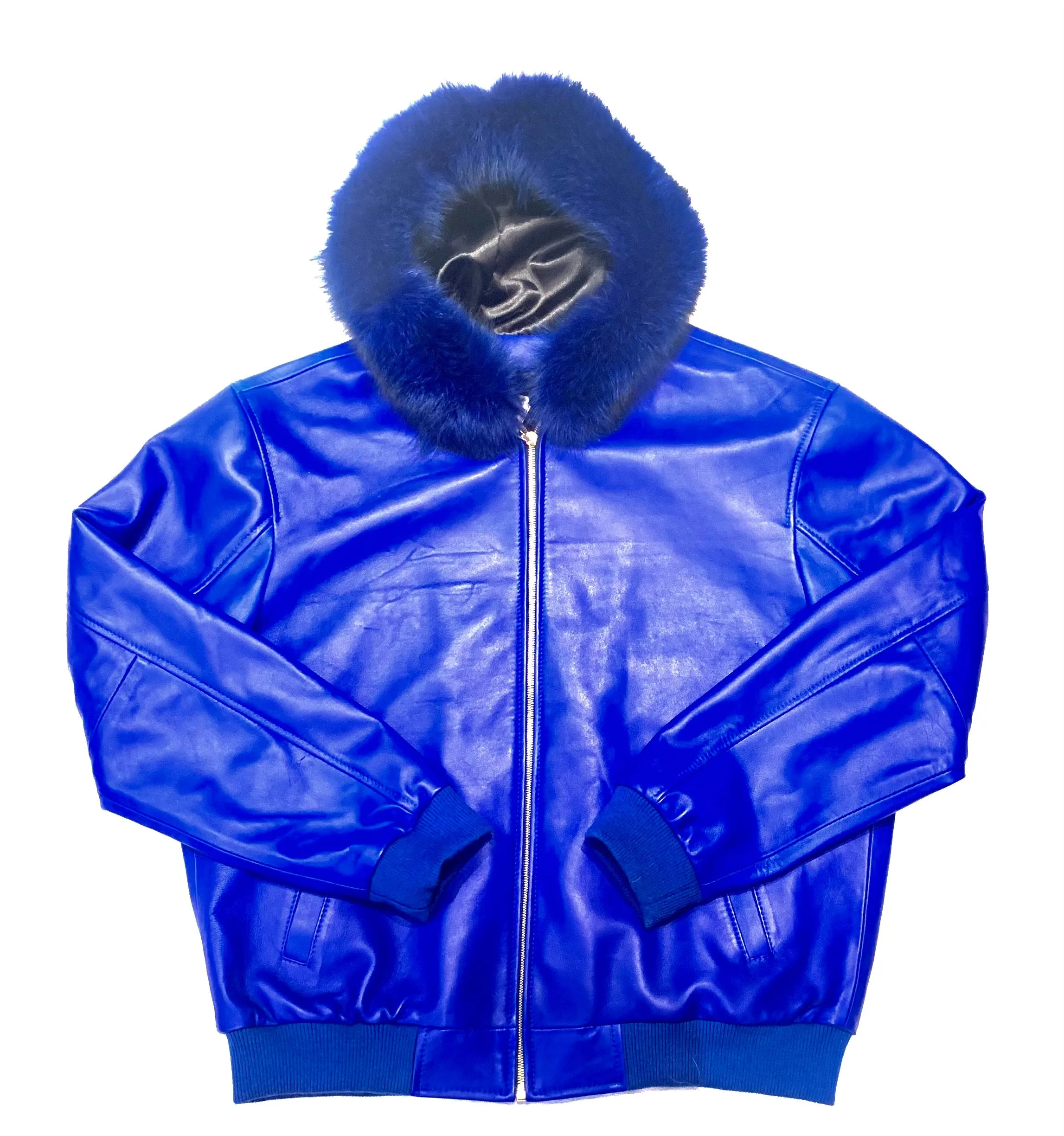 Kashani Royal Blue Lambskin Fox Hooded Bomber Jacket