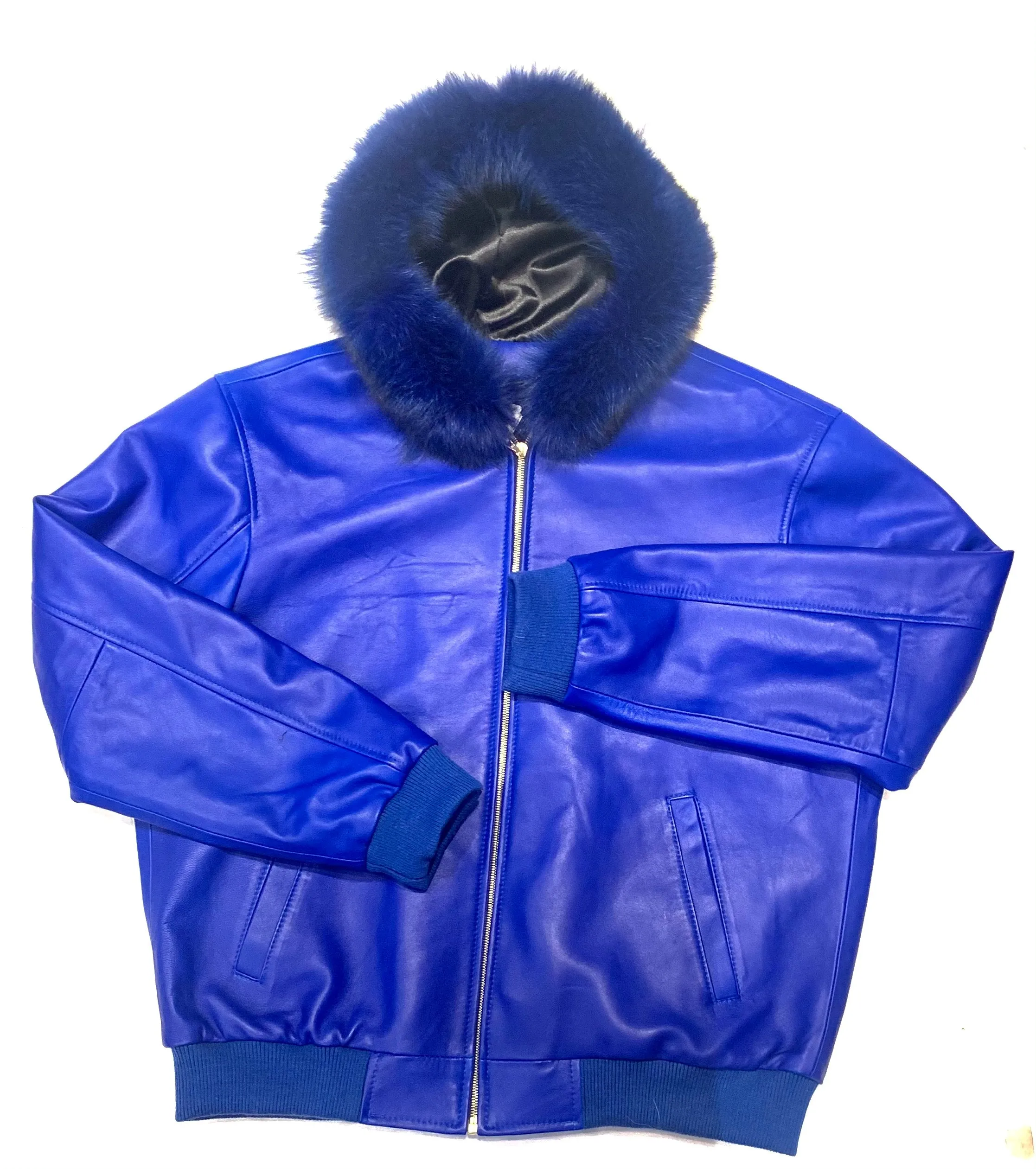 Kashani Royal Blue Lambskin Fox Hooded Bomber Jacket