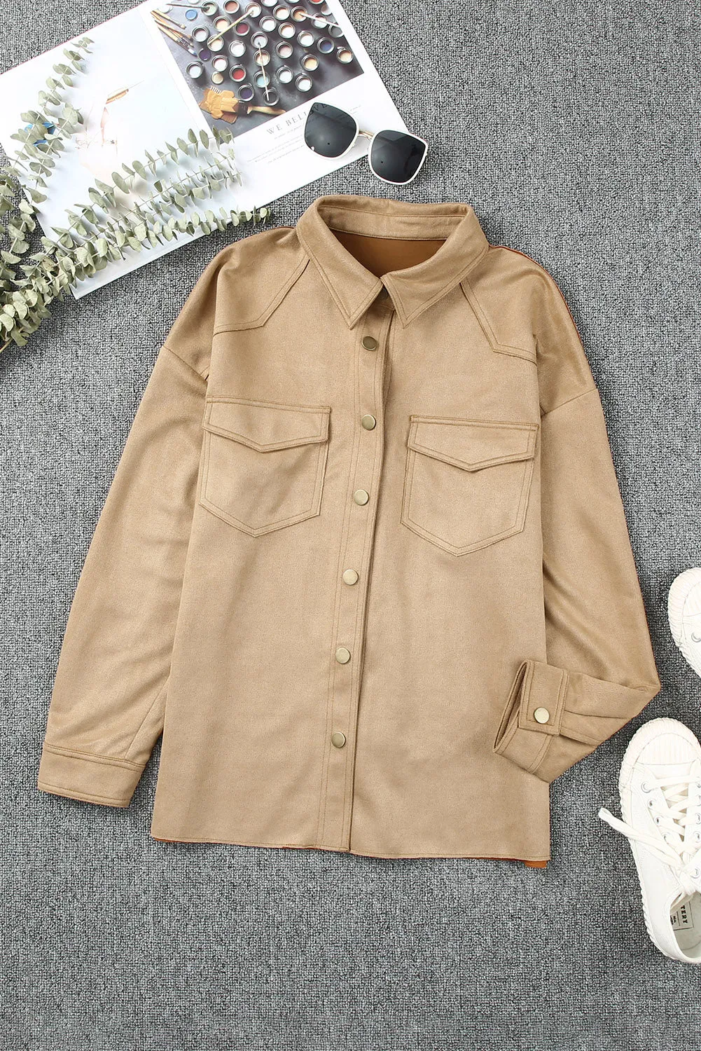 Khaki Snap Button Suede Jacket