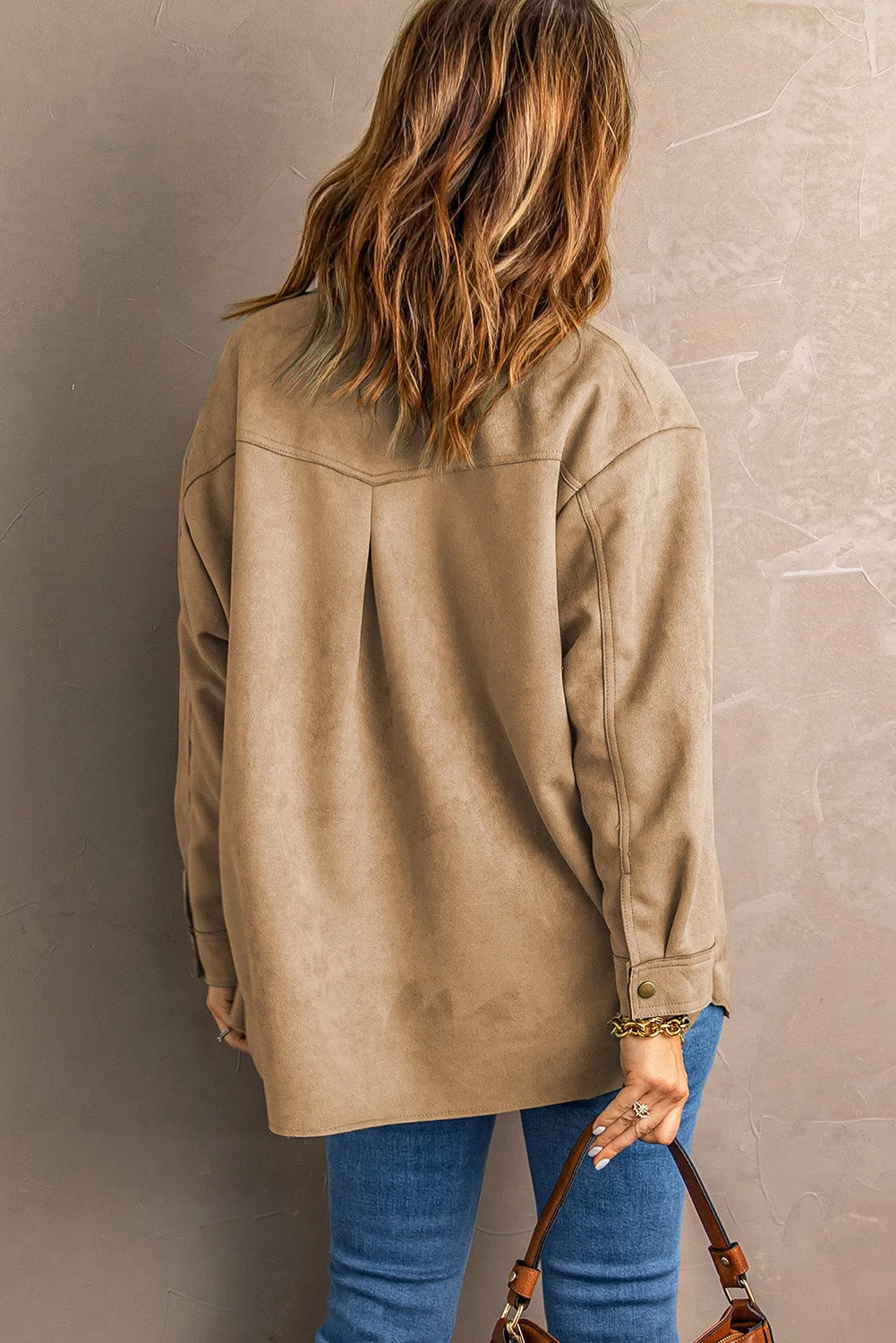 Khaki Snap Button Suede Jacket