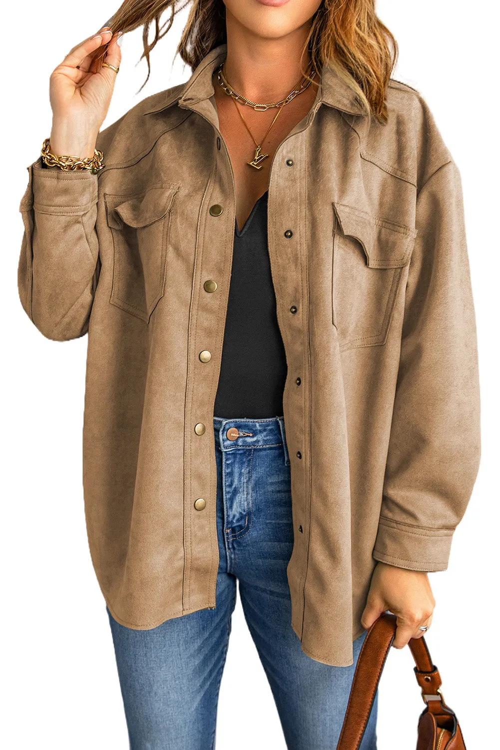 Khaki Snap Button Suede Jacket