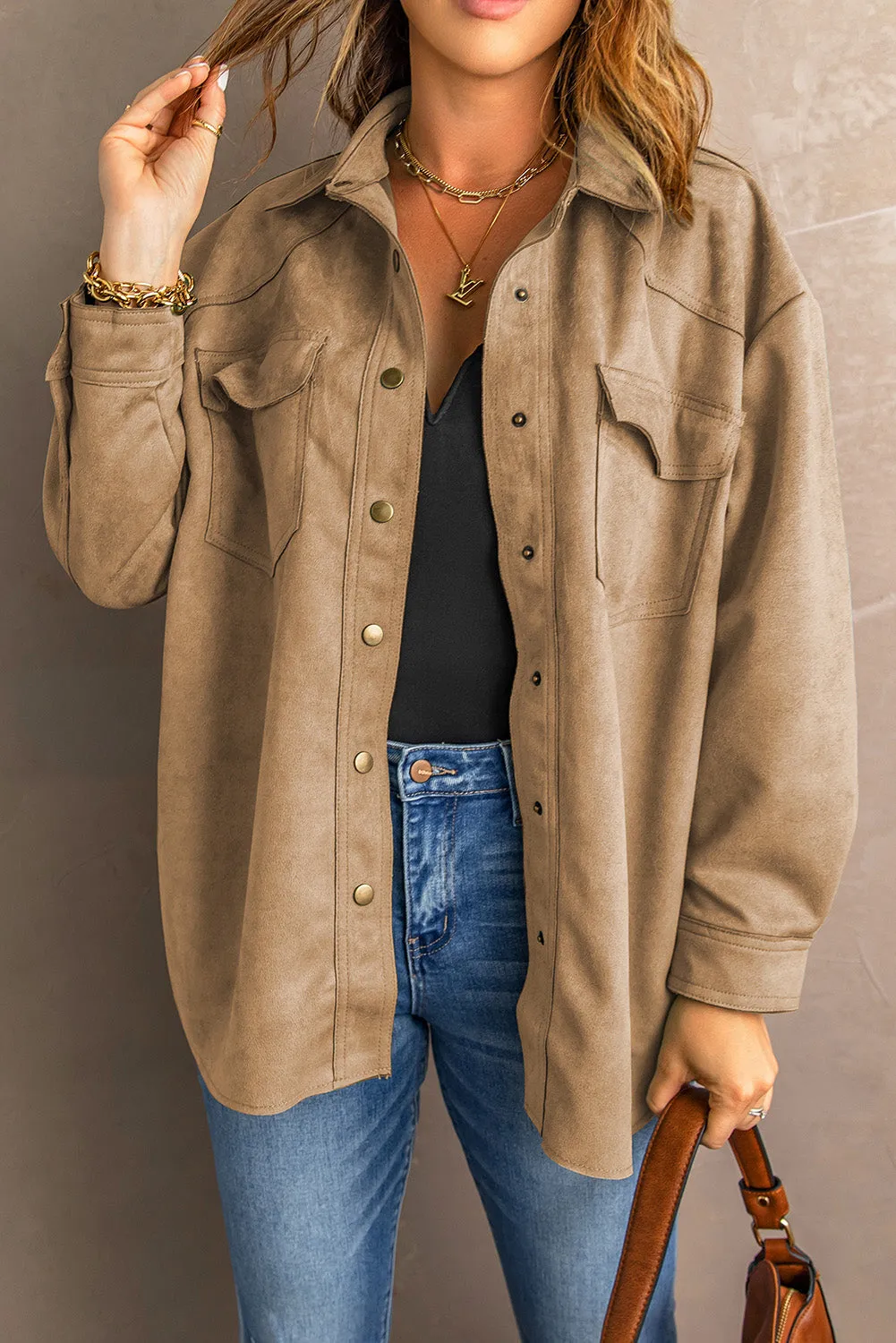 Khaki Snap Button Suede Jacket