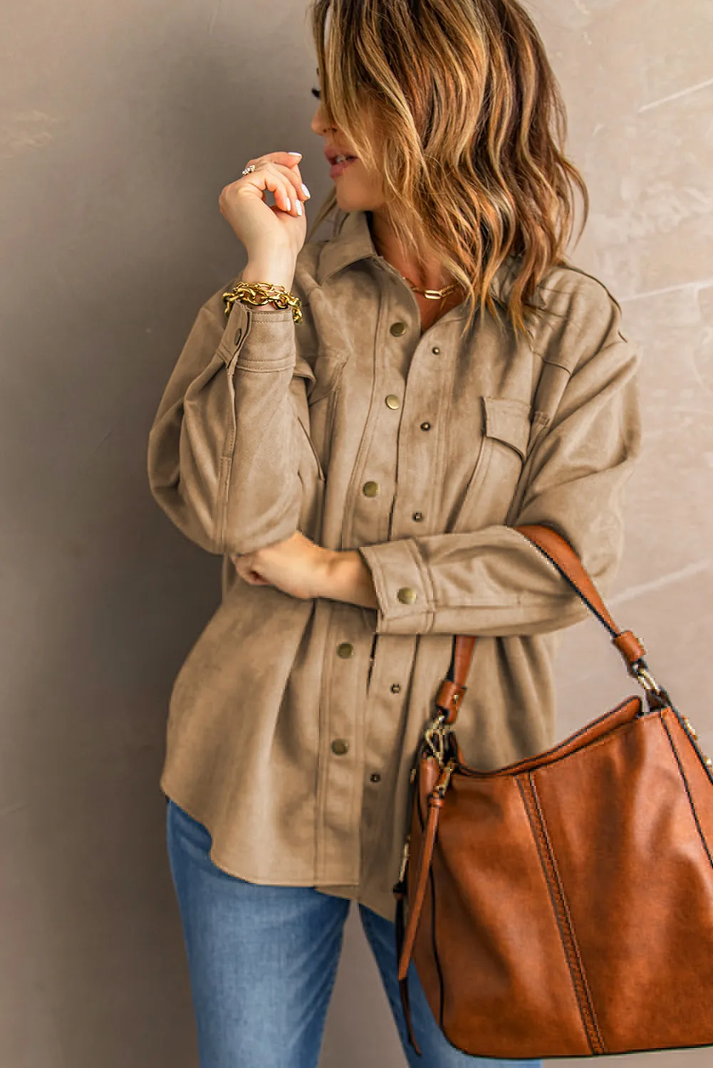 Khaki Snap Button Suede Jacket