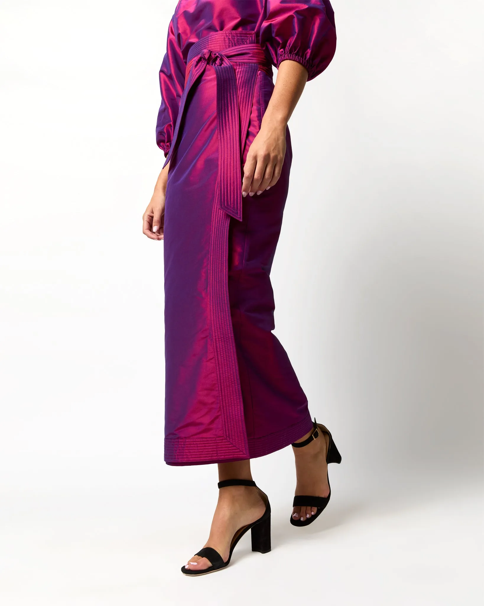 Kira Maxi Wrap Skirt in Berry Iridescent Silk Shantung