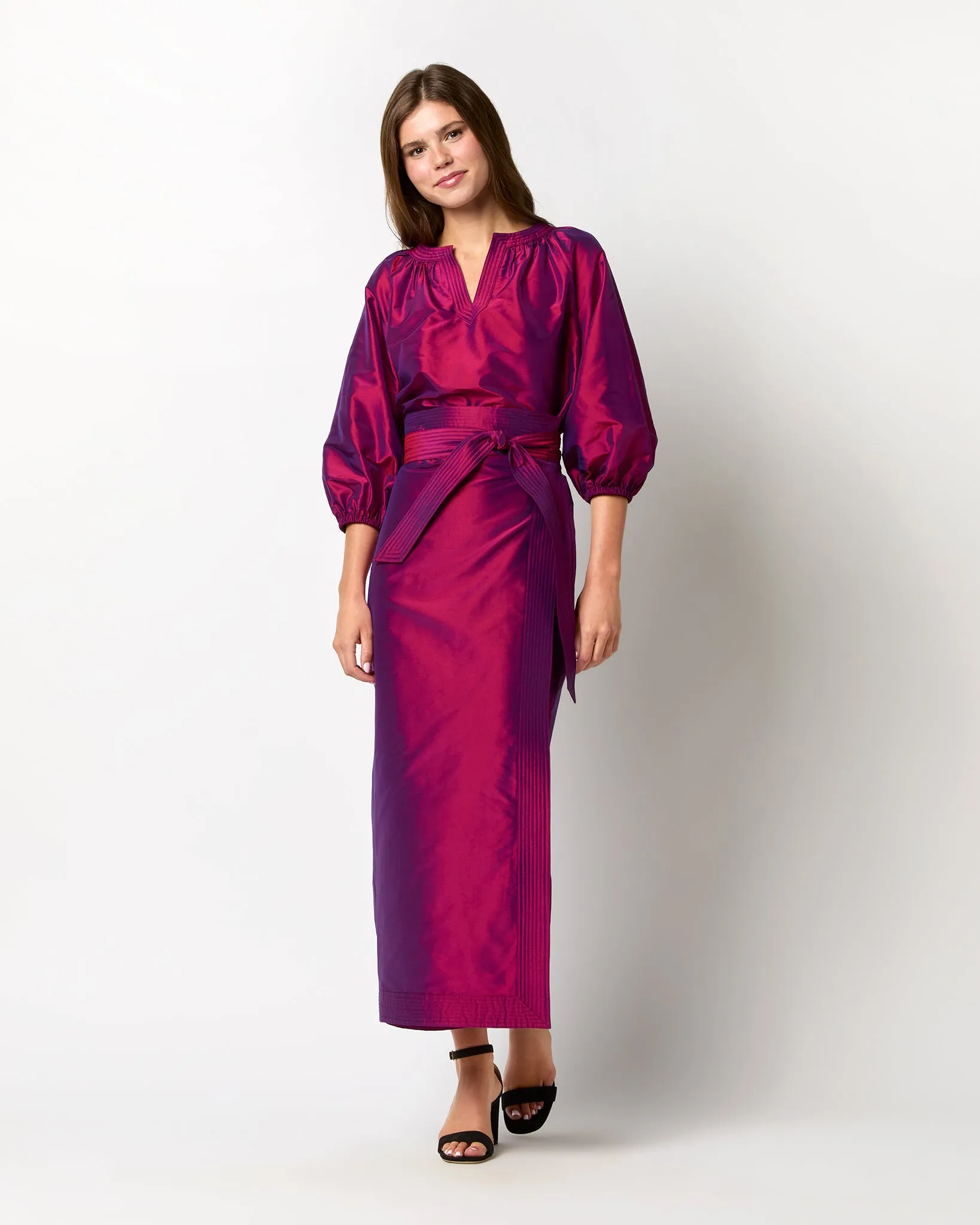 Kira Maxi Wrap Skirt in Berry Iridescent Silk Shantung