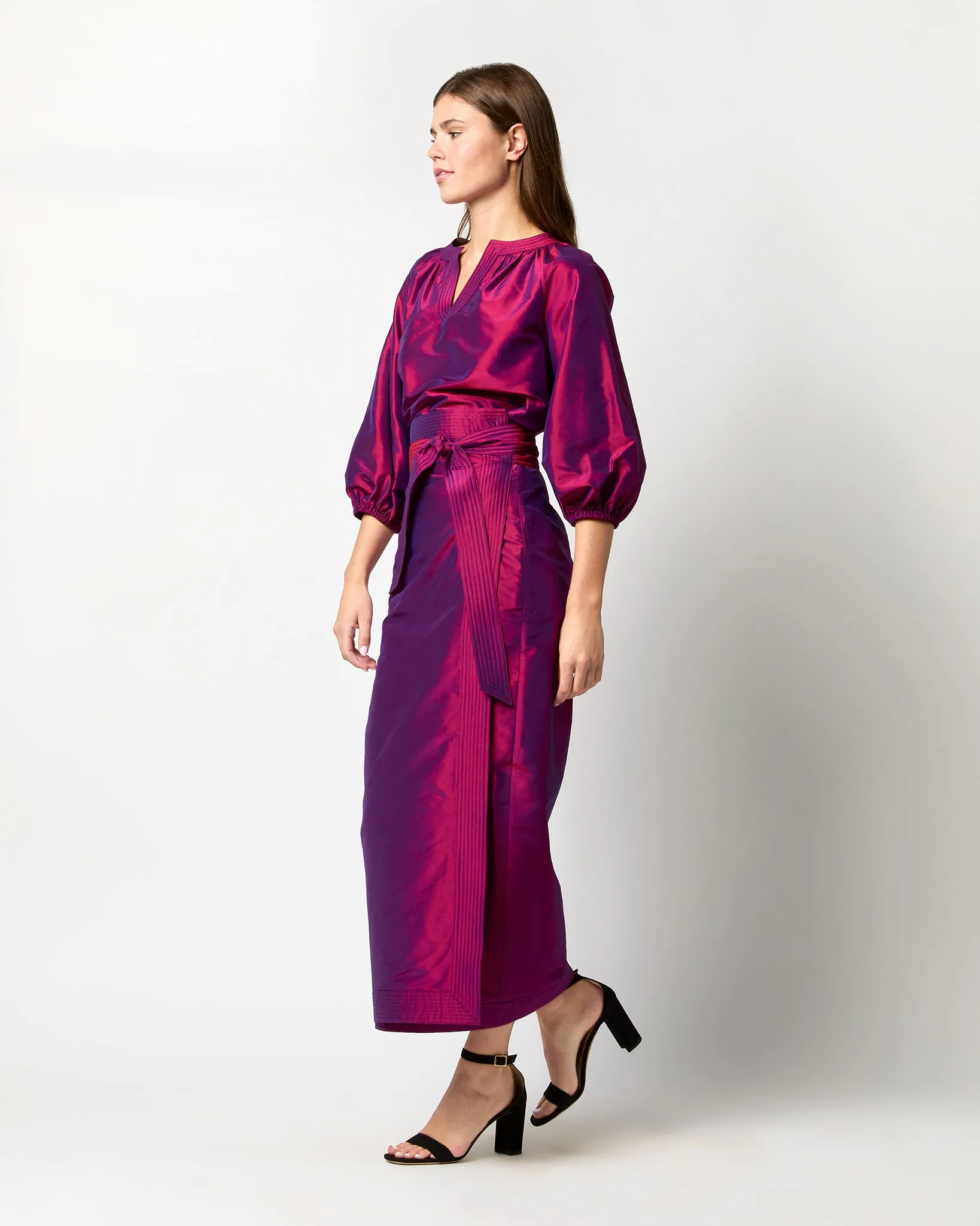 Kira Maxi Wrap Skirt in Berry Iridescent Silk Shantung