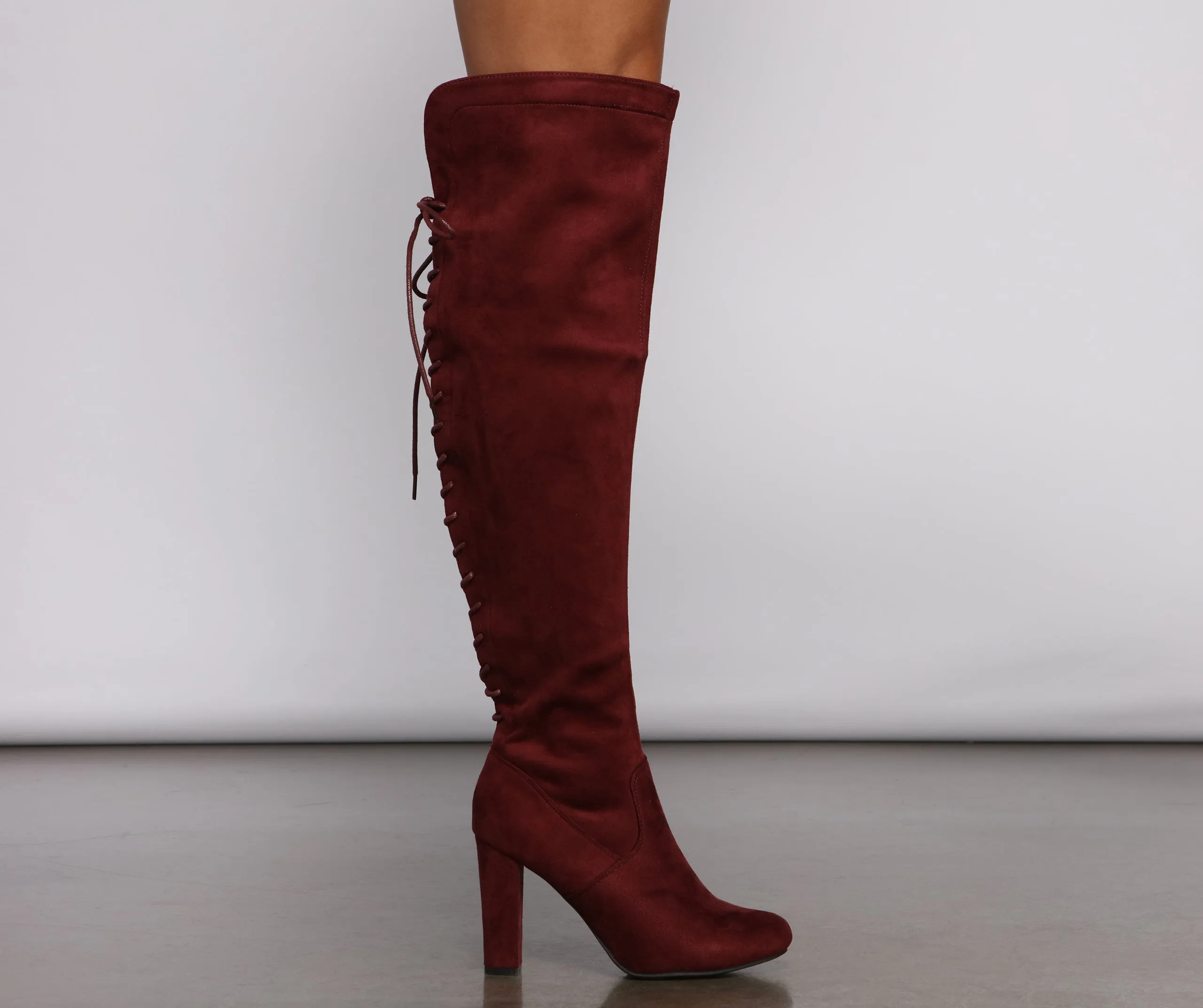 Lace Back Over The Knee Block Heeled Boots