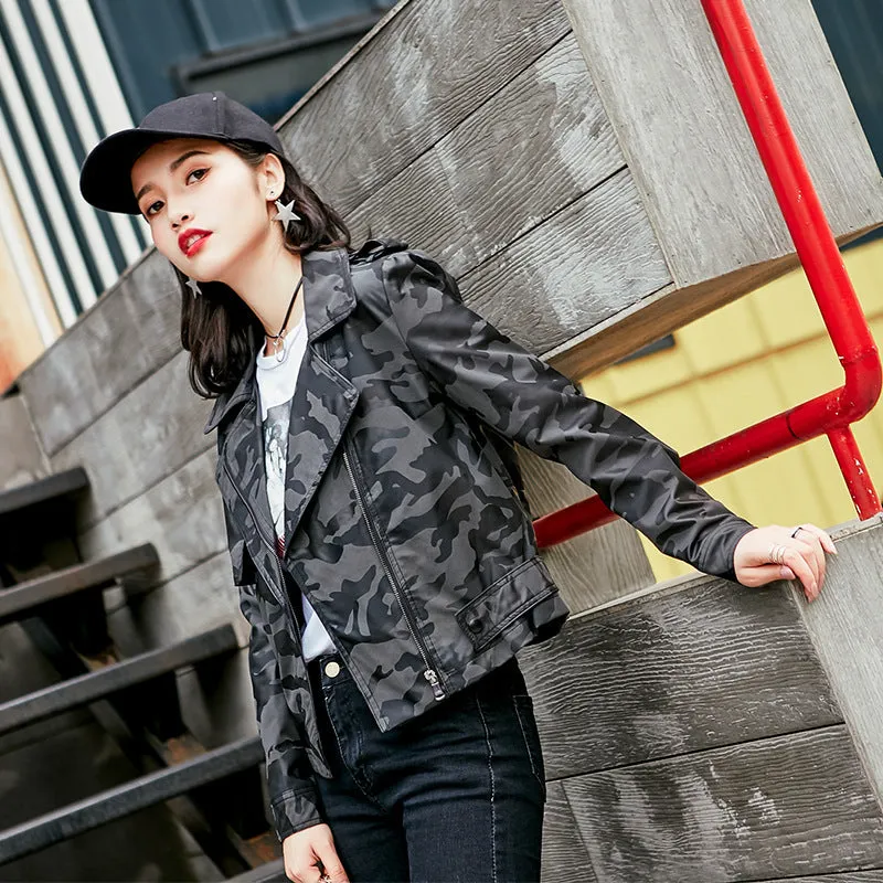 Lapel Short Camouflage Leather Bomber Jacket