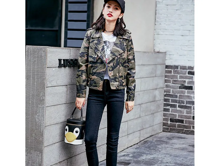 Lapel Short Camouflage Leather Bomber Jacket