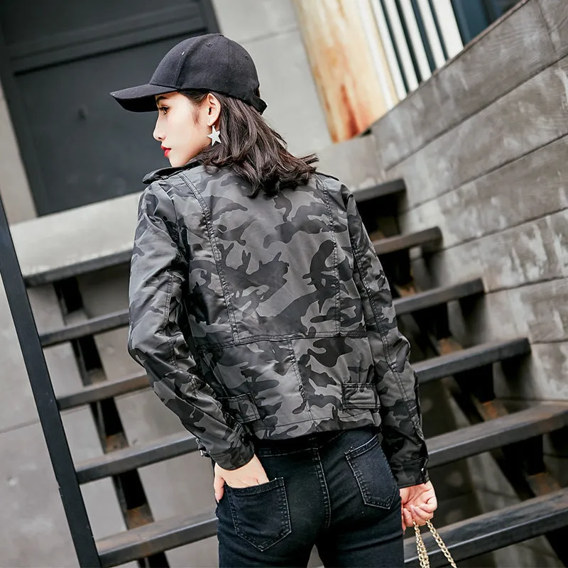 Lapel Short Camouflage Leather Bomber Jacket