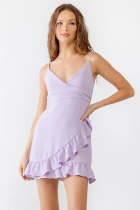 Lavender Textured Sleeveless Wrap Ruffle Hem Mini Dress /3-2-1