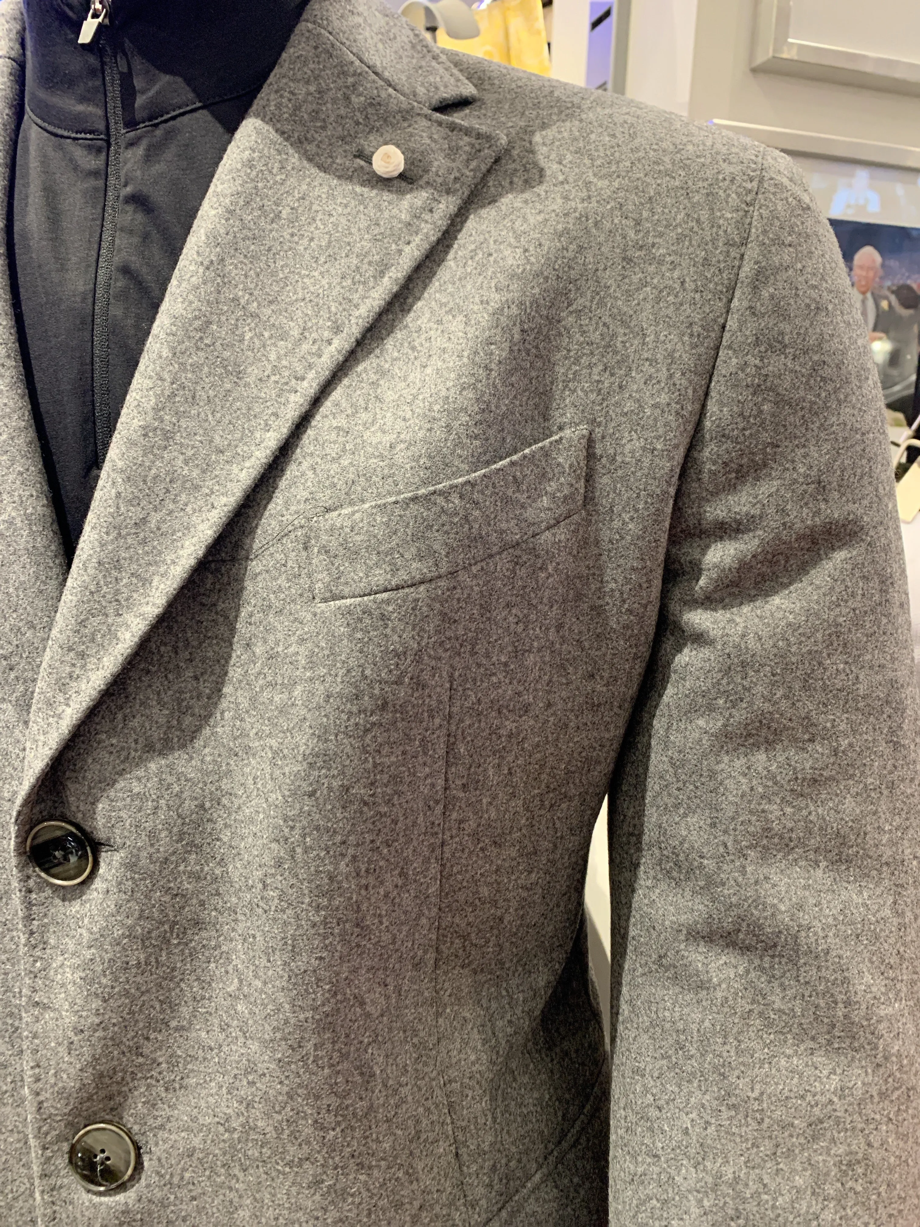 LBM Over Coat: Light Grey Flannel Wool with Back Strap & Cuffed Sleeves