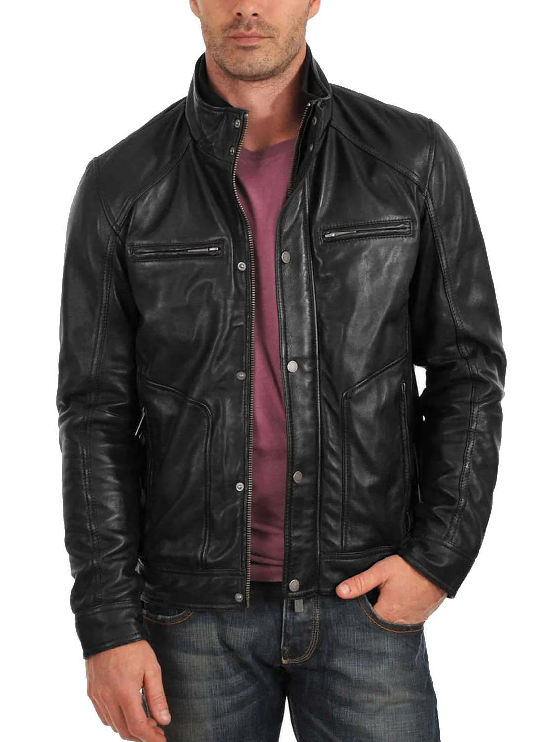 Leather Jackets Hub Mens Genuine Lambskin Leather Jacket (Black, Fencing Jacket) - 1501101