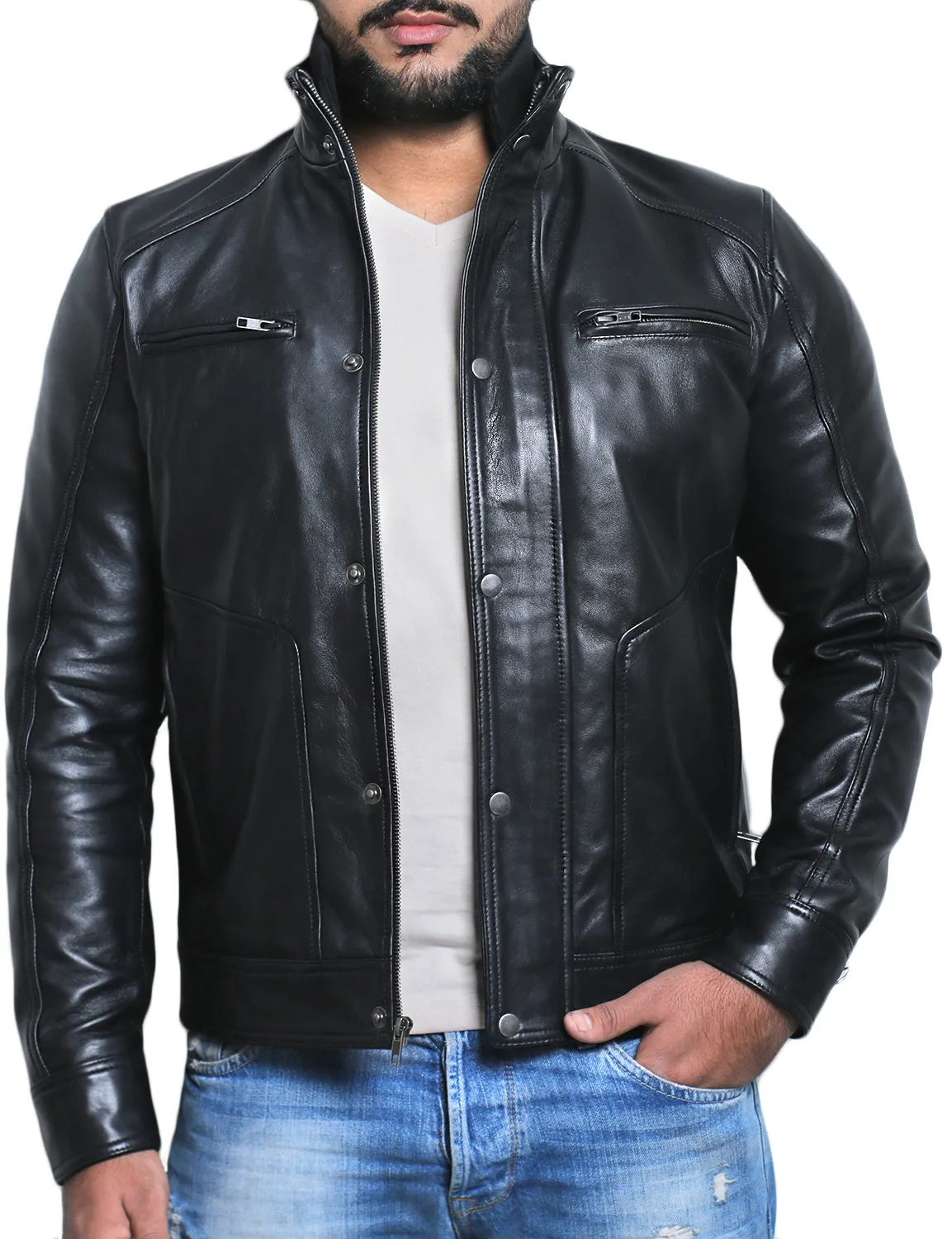 Leather Jackets Hub Mens Genuine Lambskin Leather Jacket (Black, Fencing Jacket) - 1501101