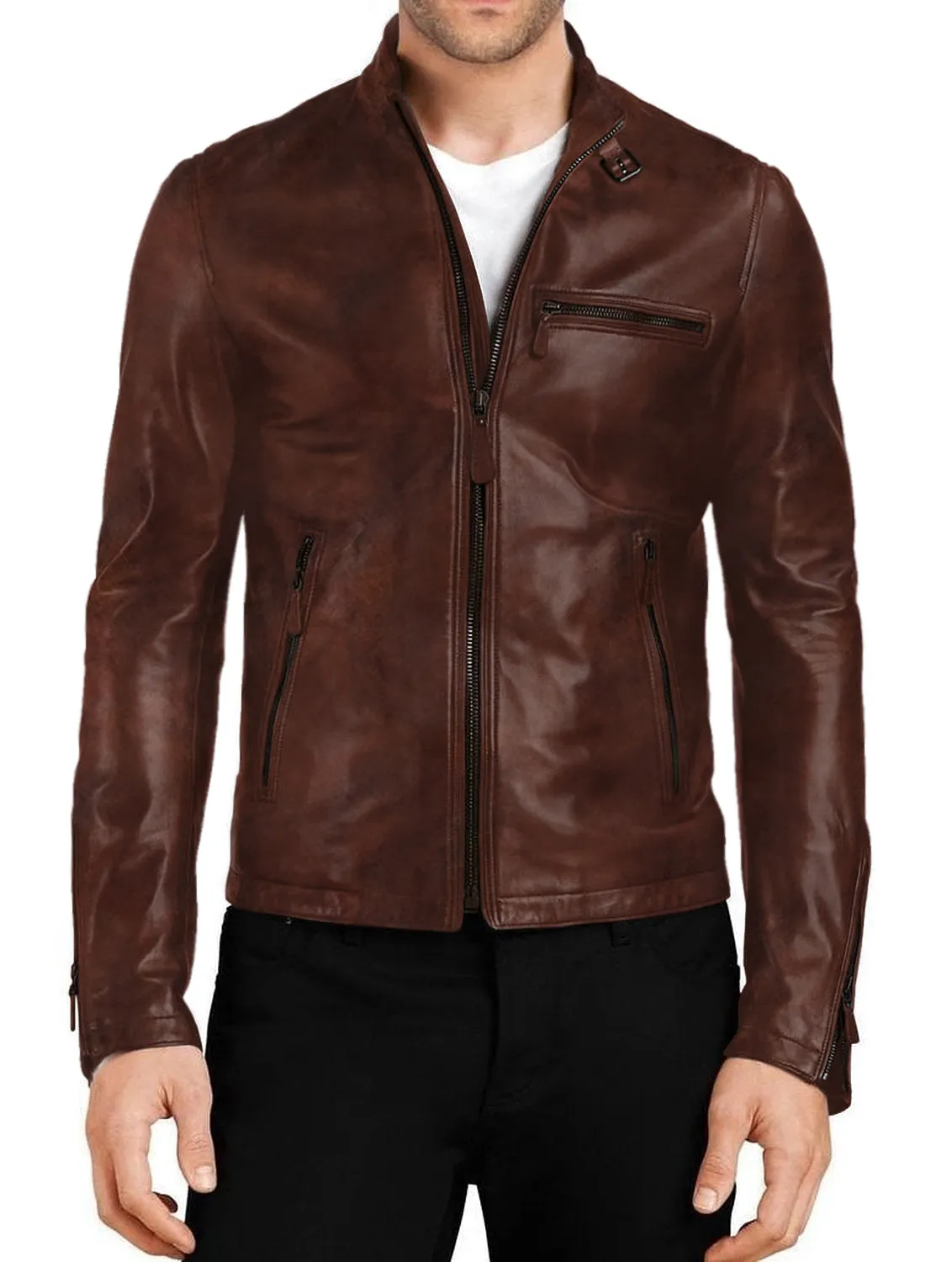 Leather Jackets Hub Mens Genuine Lambskin Leather Jacket (Black, Racer Jacket) - 1501048