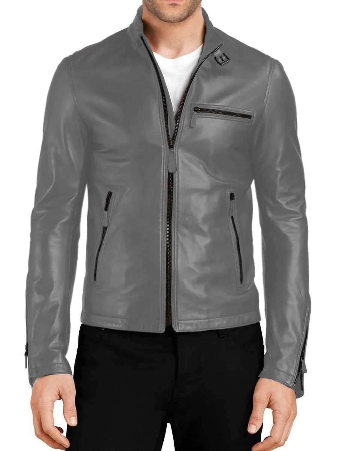 Leather Jackets Hub Mens Genuine Lambskin Leather Jacket (Black, Racer Jacket) - 1501048