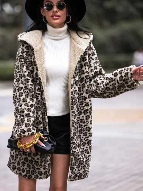 Leopard Print Hooded Sherpa Teddy Coat