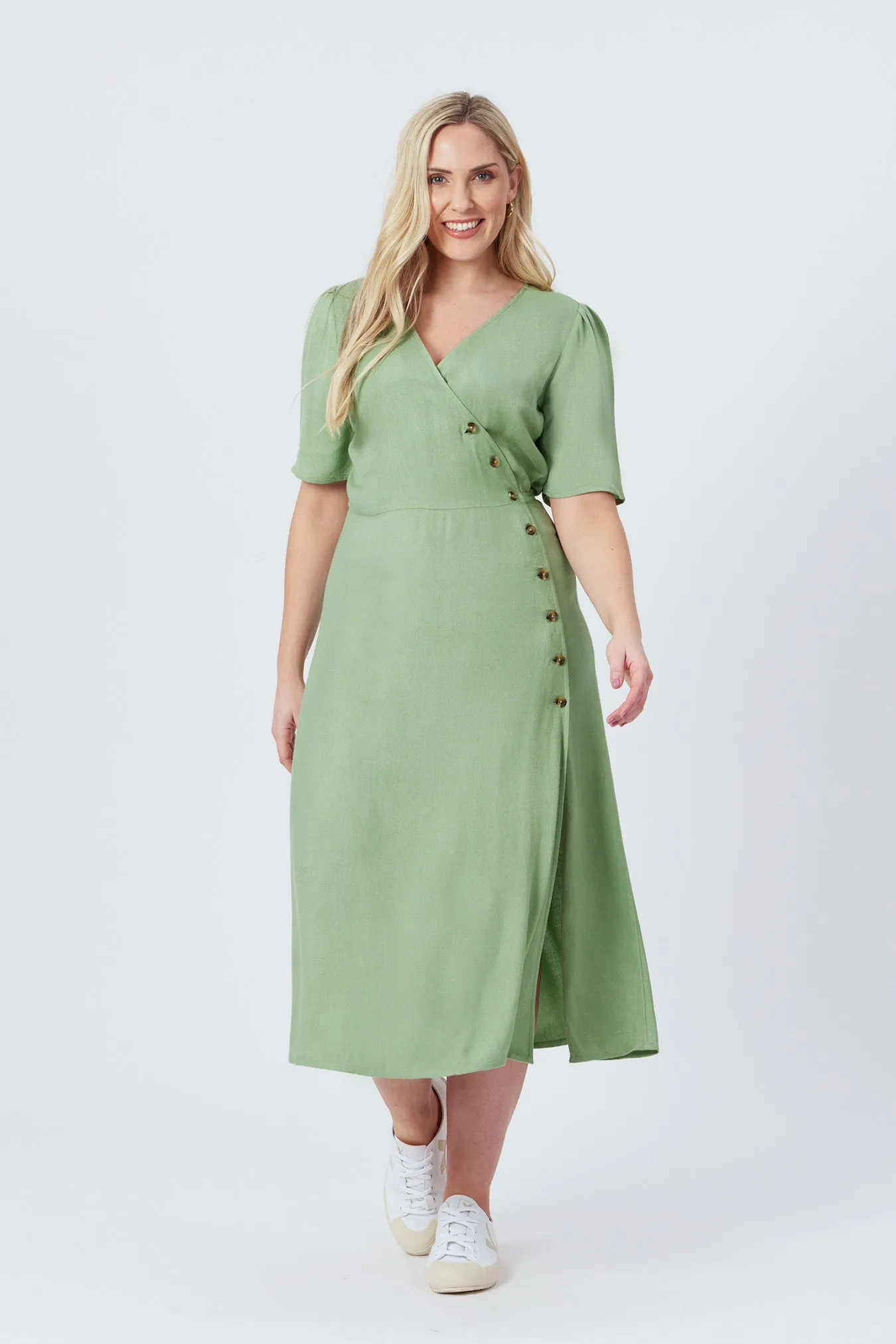 Lesley - Midi Button Wrap Dress - Green