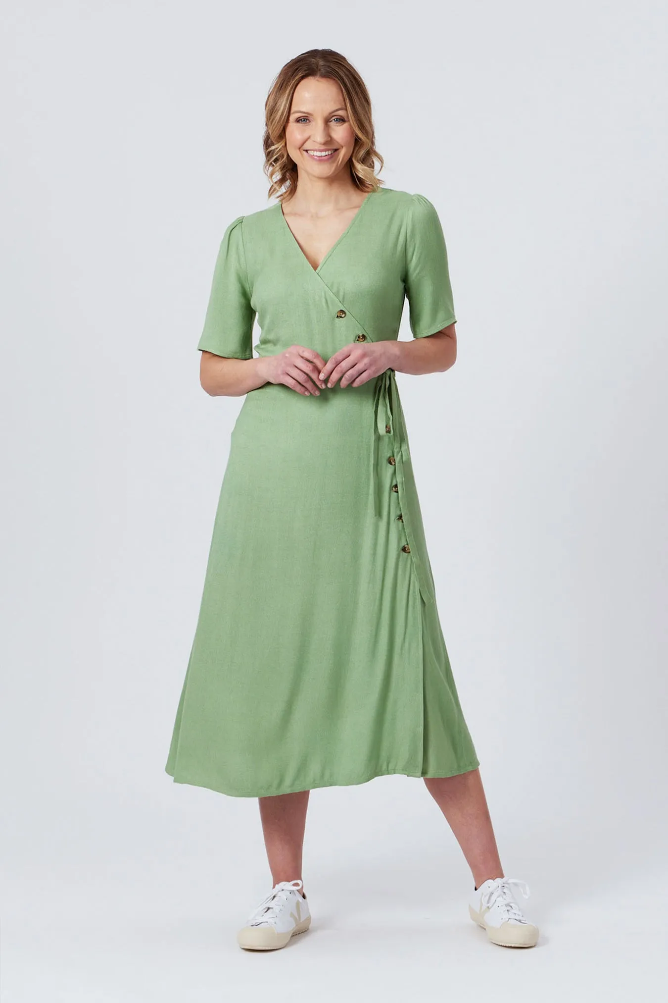 Lesley - Midi Button Wrap Dress - Green