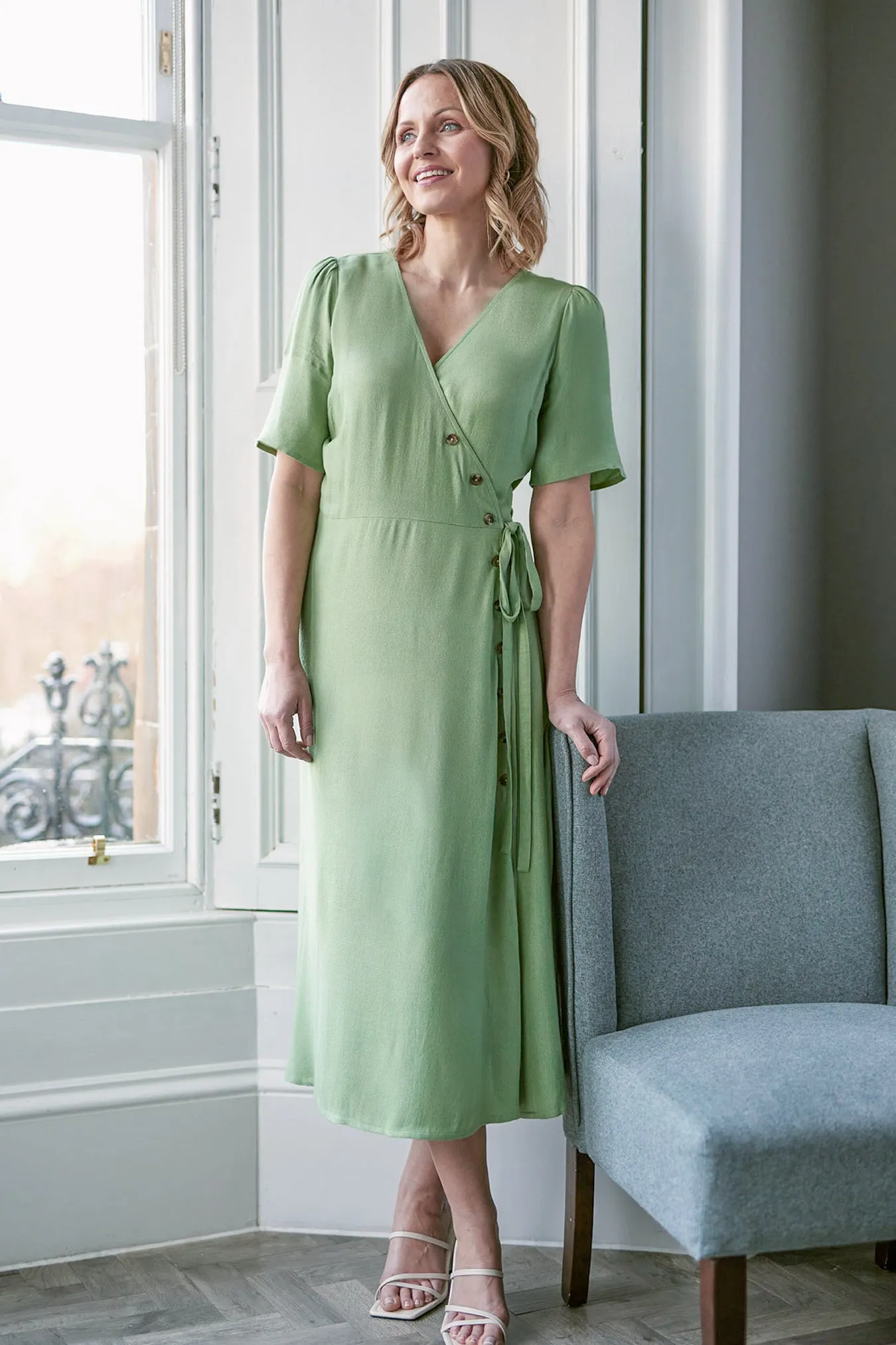 Lesley - Midi Button Wrap Dress - Green