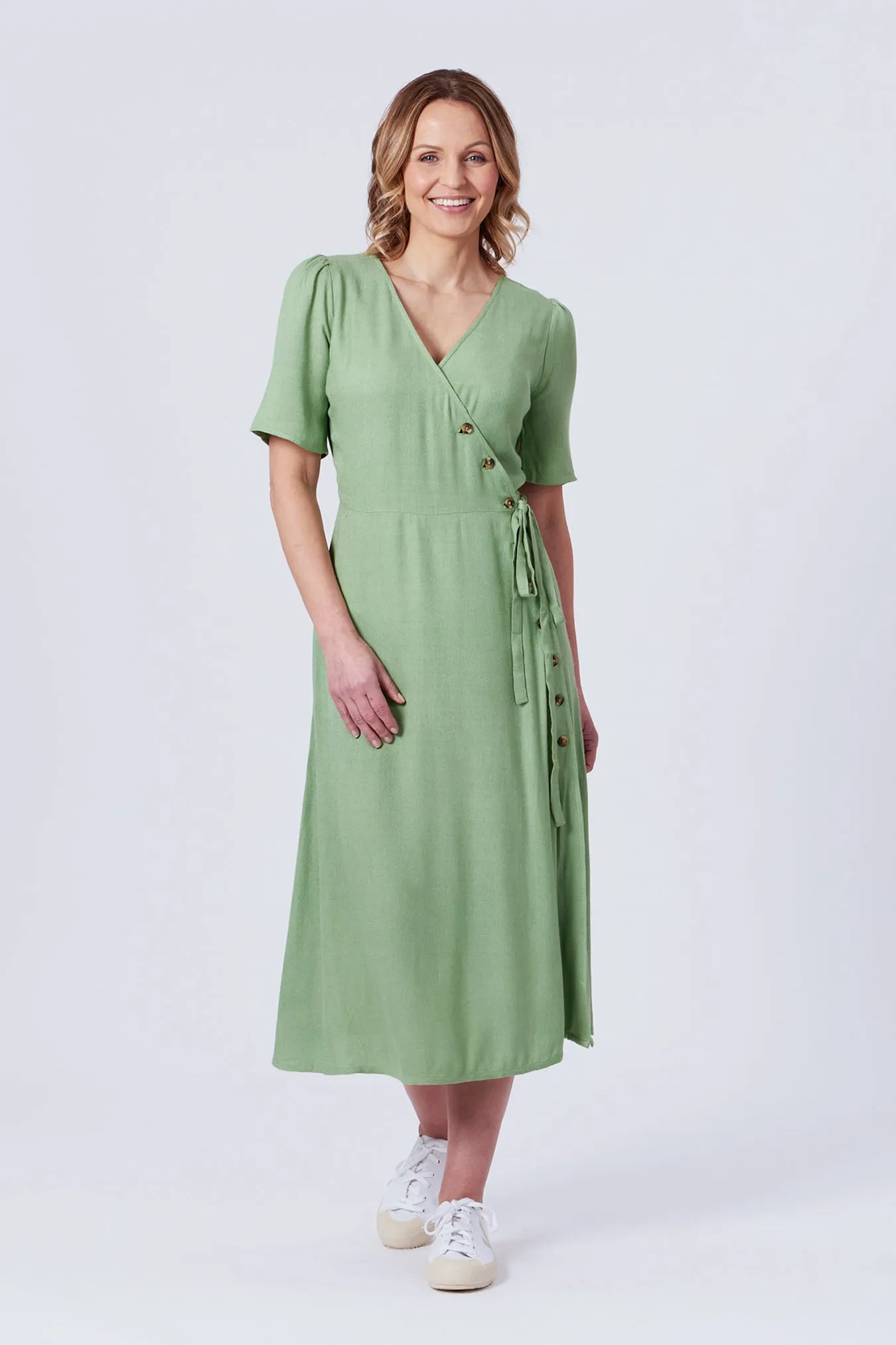 Lesley - Midi Button Wrap Dress - Green