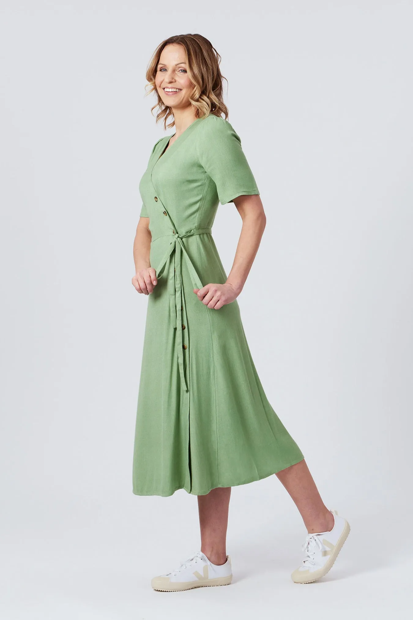 Lesley - Midi Button Wrap Dress - Green