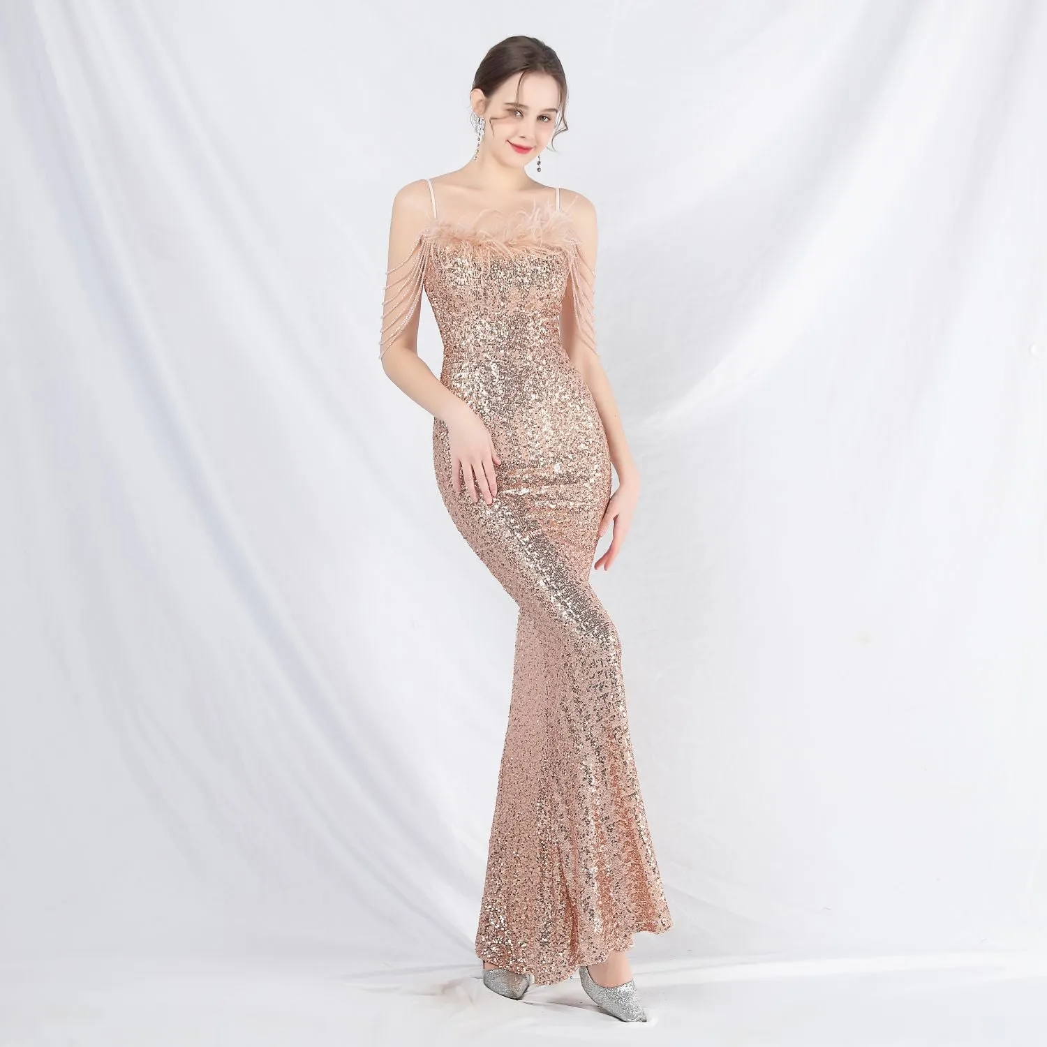 Leto-31832-Ostrich Fur Illusion Beaded Formal Dress