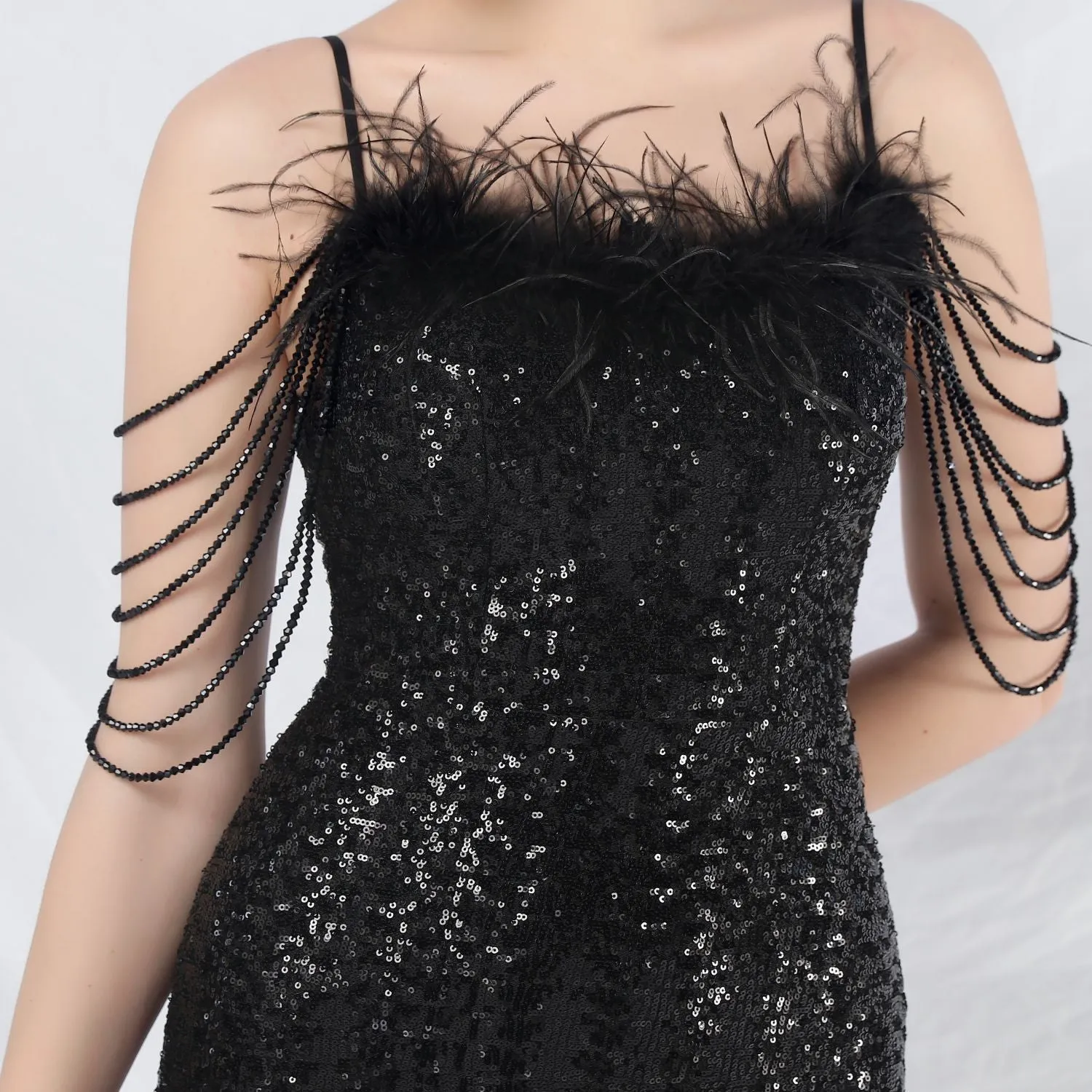 Leto-31832-Ostrich Fur Illusion Beaded Formal Dress