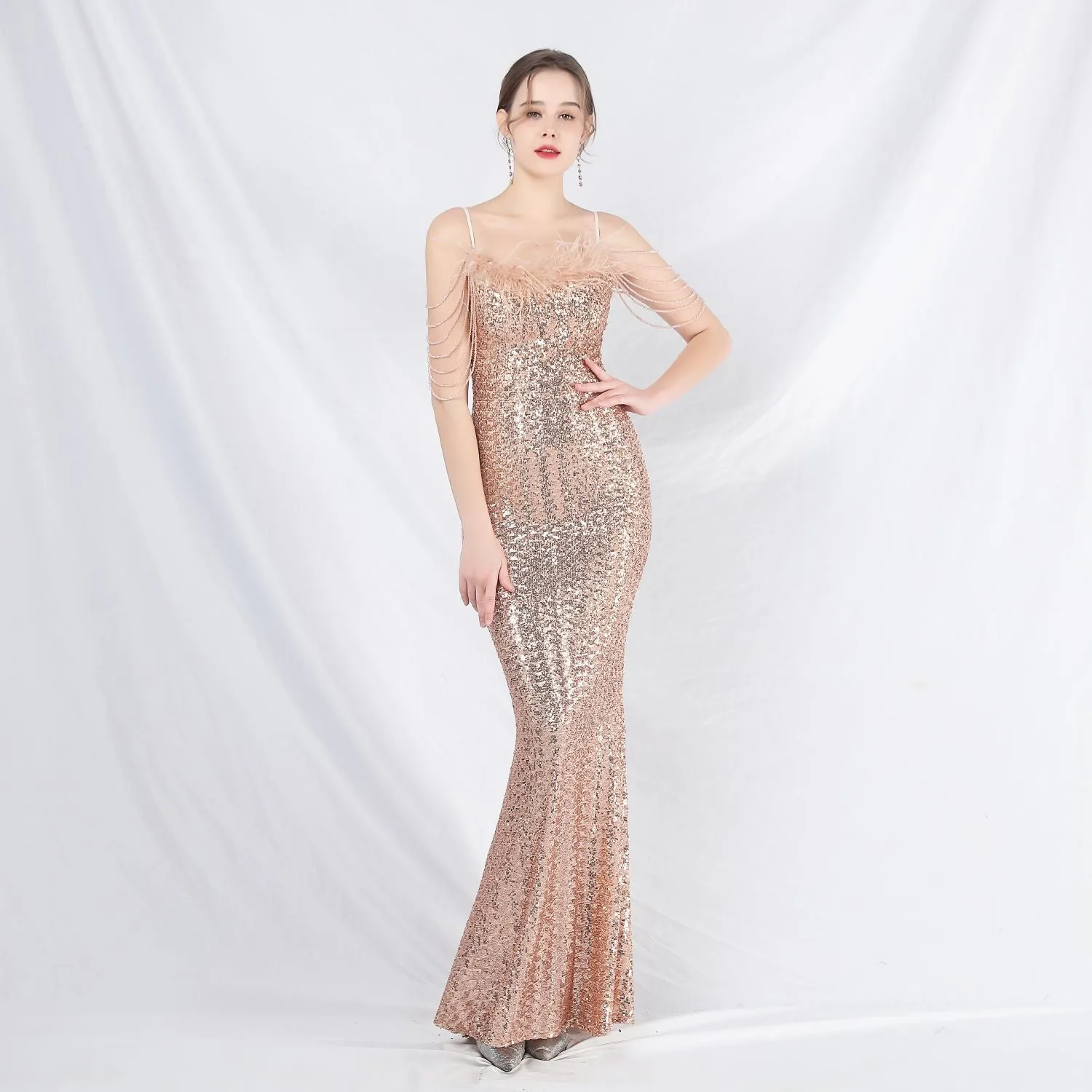 Leto-31832-Ostrich Fur Illusion Beaded Formal Dress