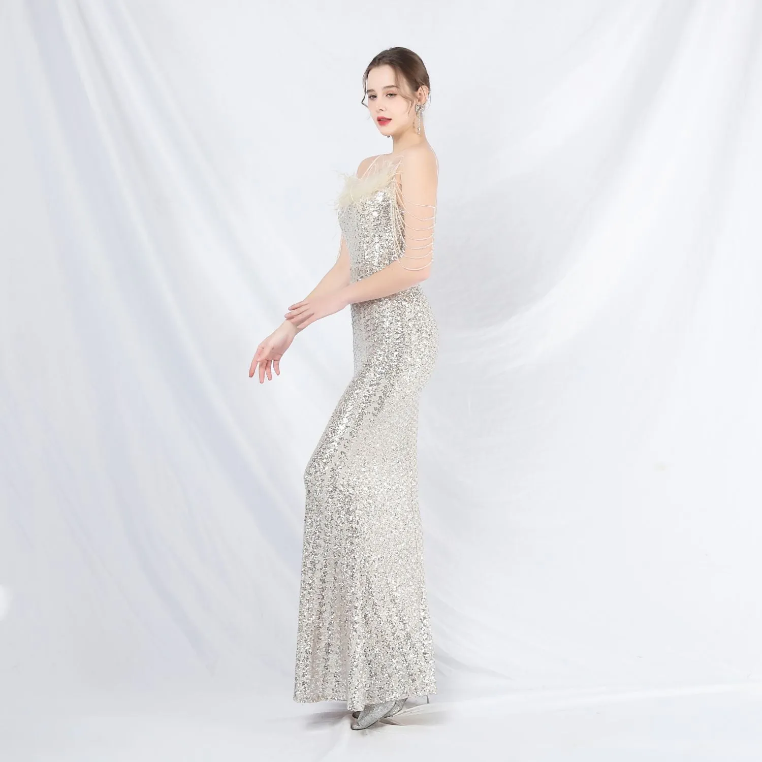 Leto-31832-Ostrich Fur Illusion Beaded Formal Dress