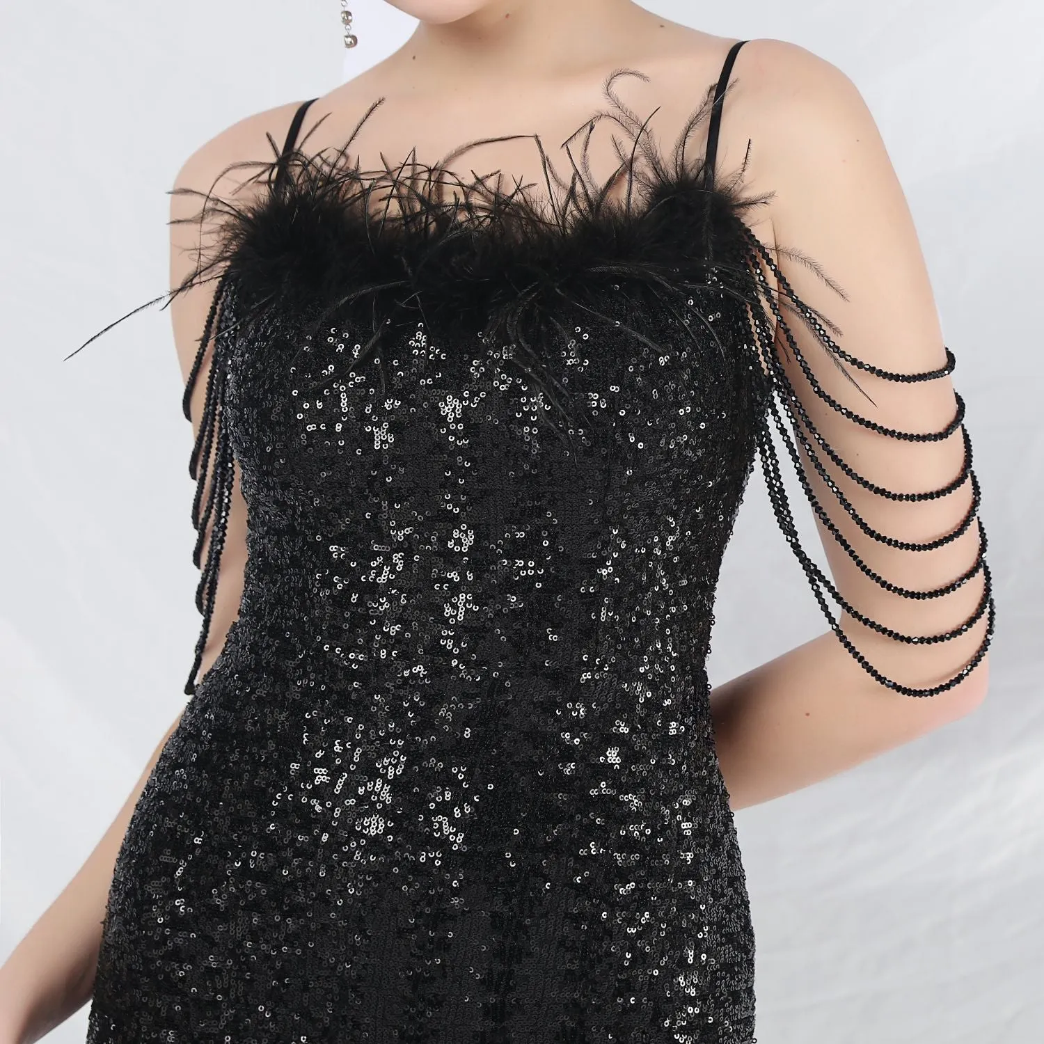 Leto-31832-Ostrich Fur Illusion Beaded Formal Dress