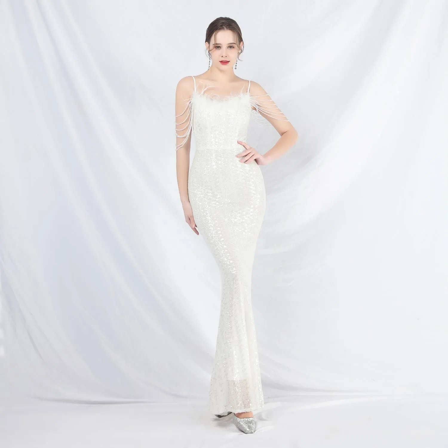 Leto-31832-Ostrich Fur Illusion Beaded Formal Dress